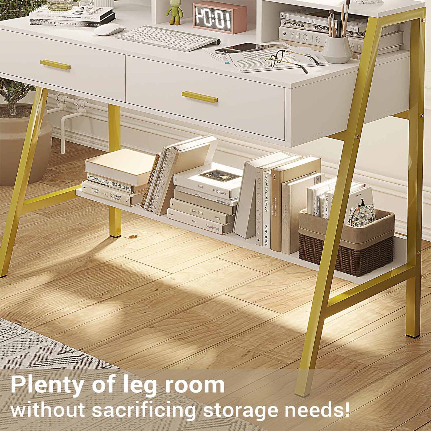Writing Desk with Drawers Built-in Hutch White Gold