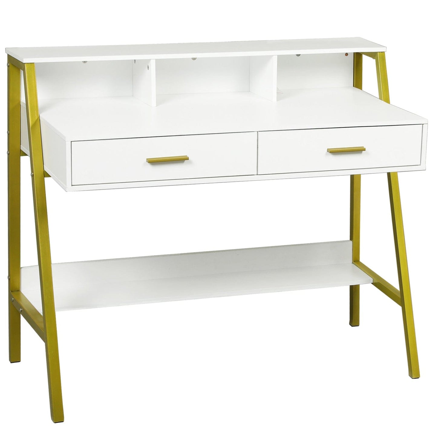 Writing Desk with Drawers Built-in Hutch White Gold