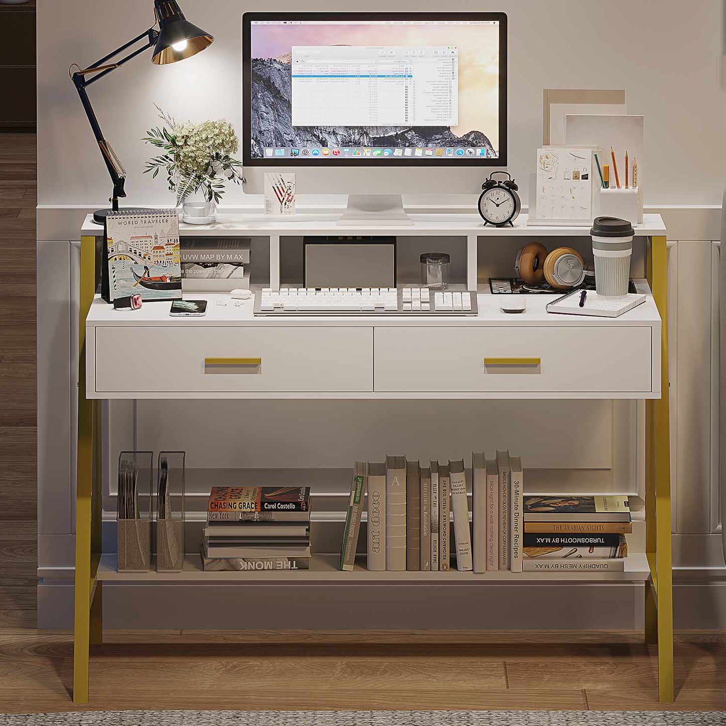 Writing Desk with Drawers Built-in Hutch White Gold