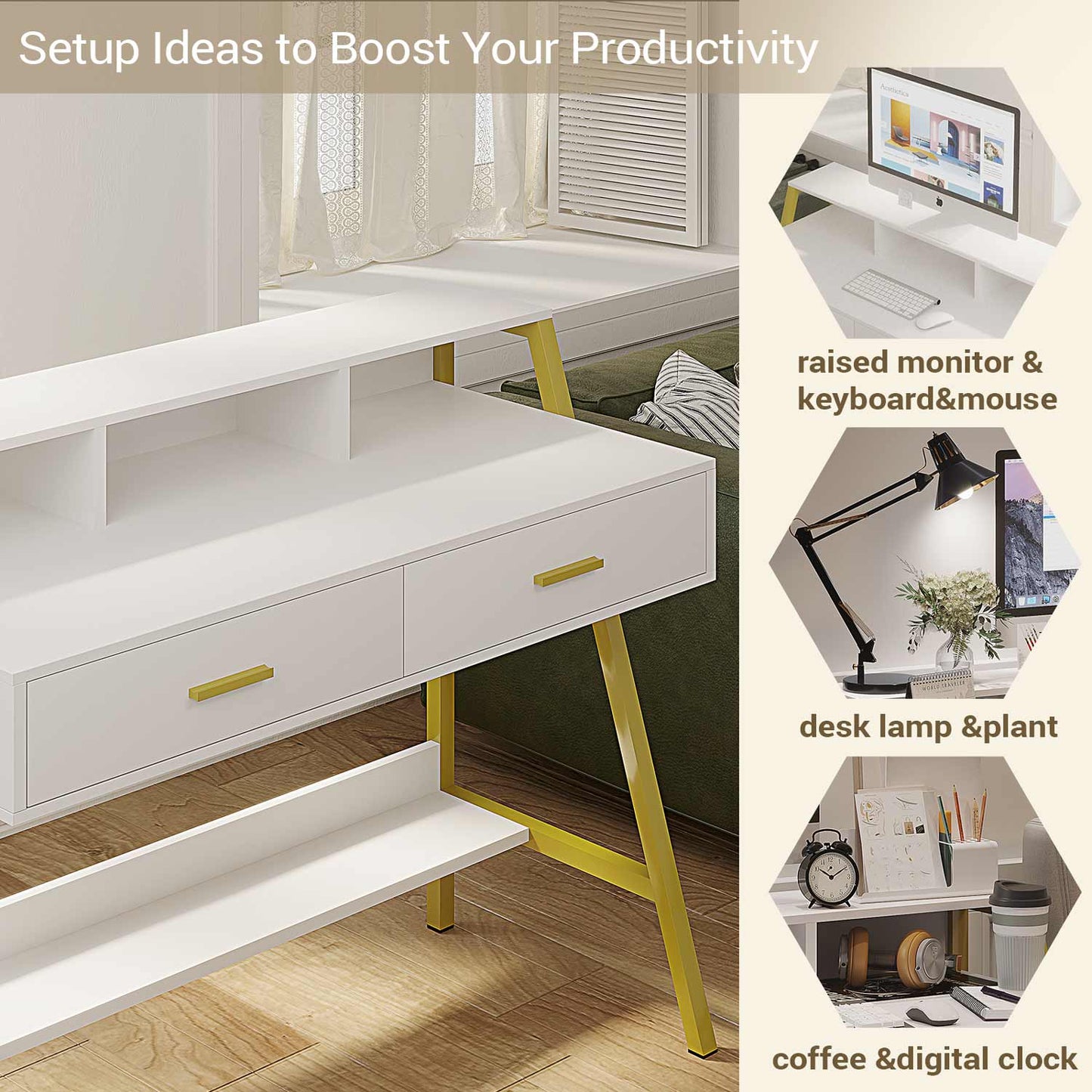 Writing Desk with Drawers Built-in Hutch White Gold