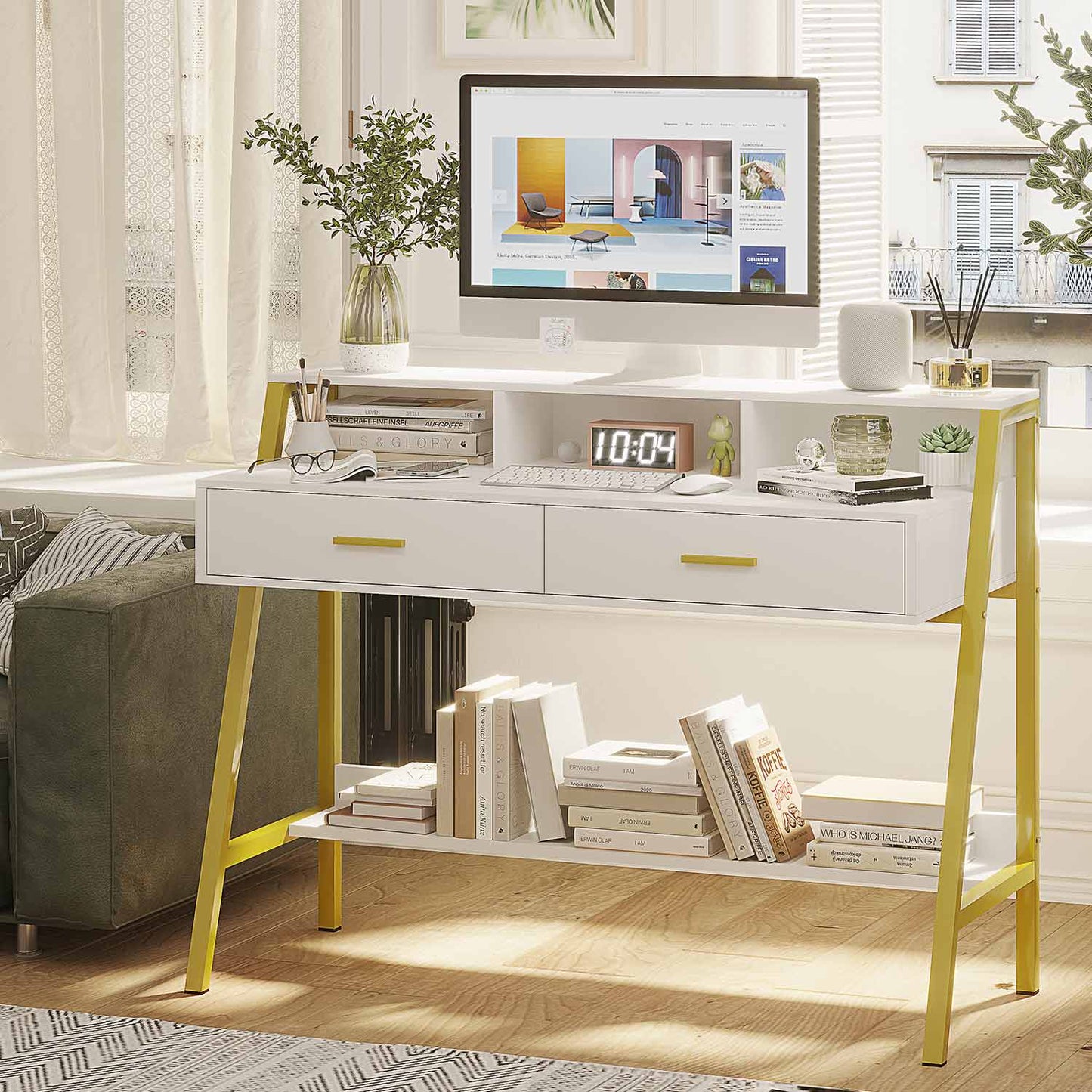 Writing Desk with Drawers Built-in Hutch White Gold