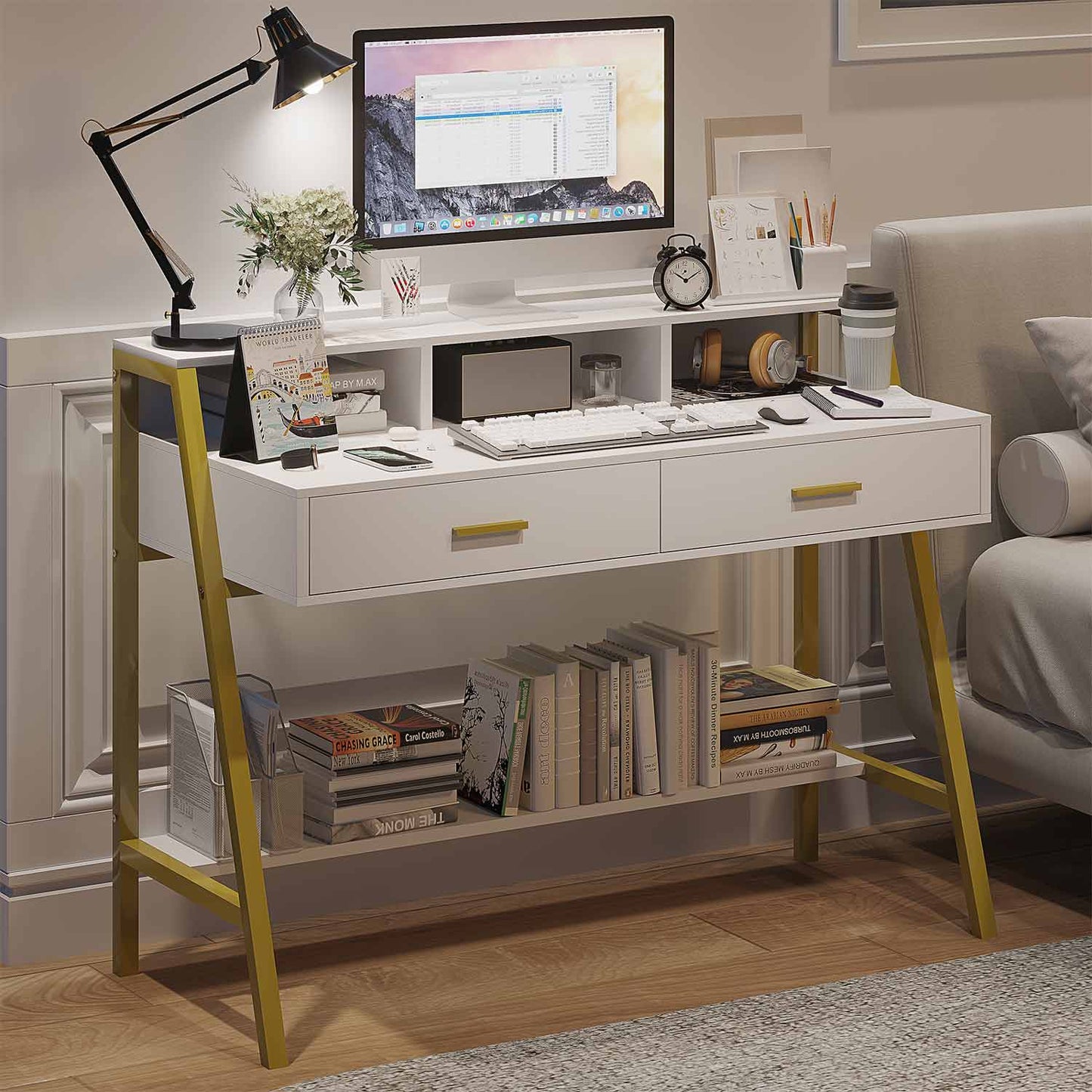 Writing Desk with Drawers Built-in Hutch White Gold