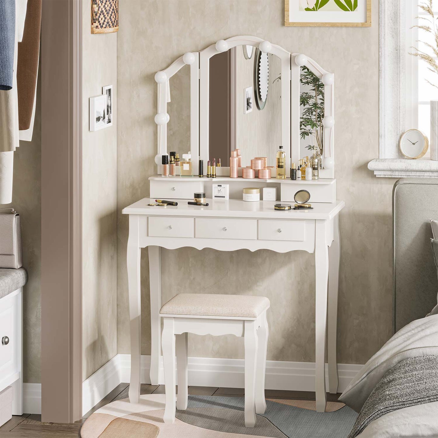 Makeup Vanity Set with LED Mirror Cushioned Stool White