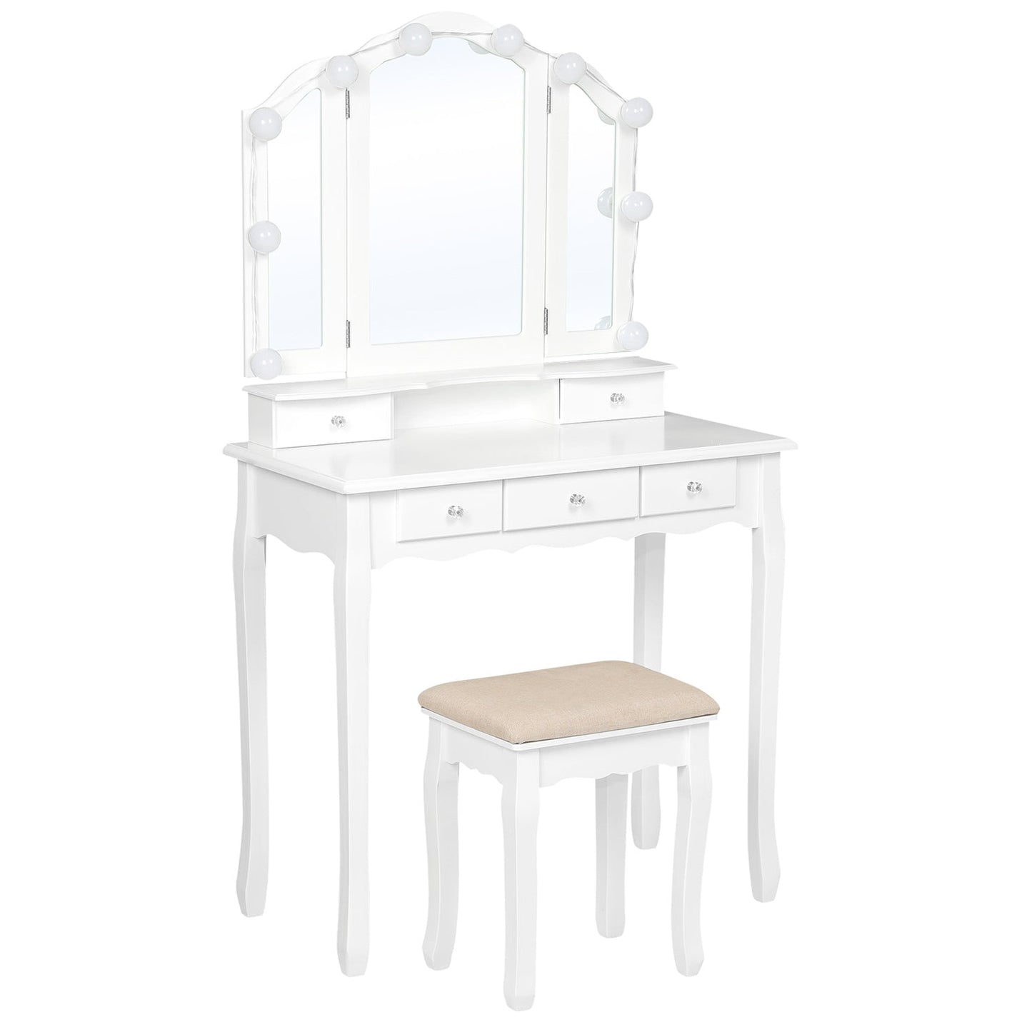 Makeup Vanity Set with LED Mirror Cushioned Stool White