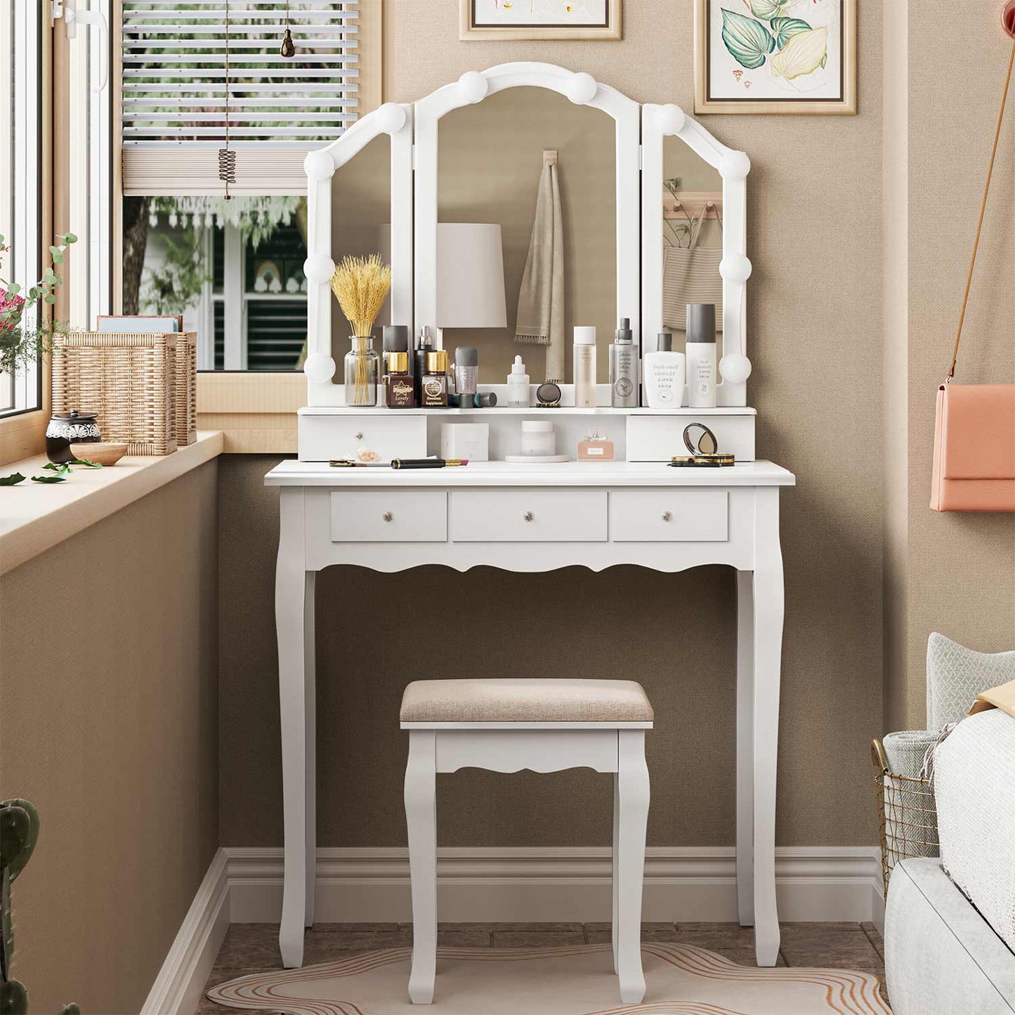 Makeup Vanity Set with LED Mirror Cushioned Stool White