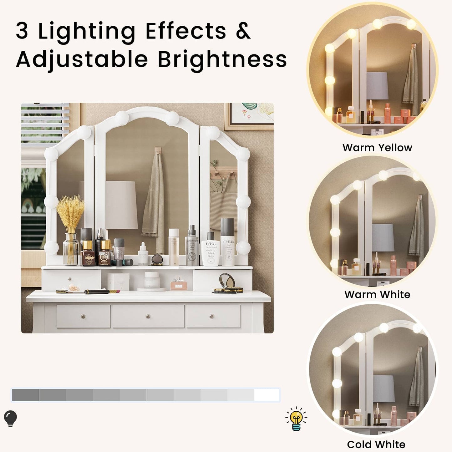 Makeup Vanity Set with LED Mirror Cushioned Stool White