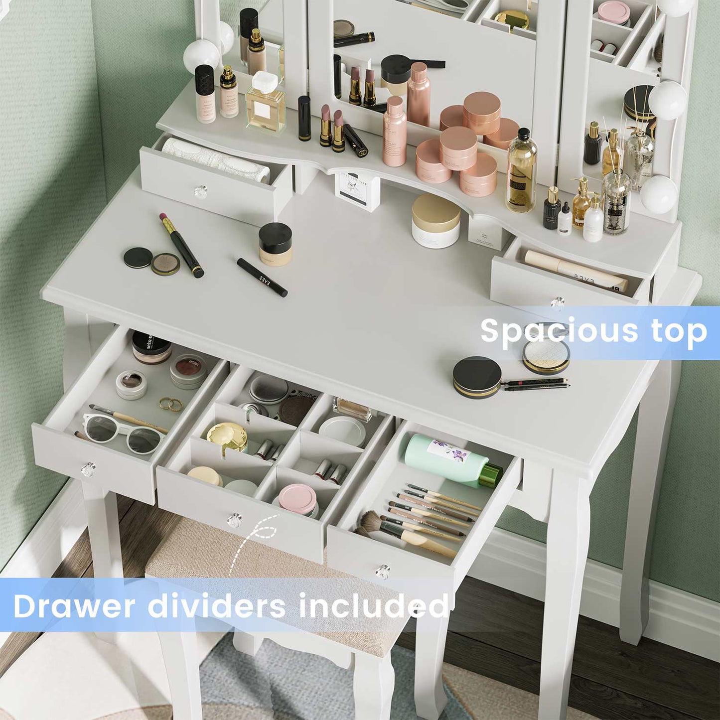 Makeup Vanity Set with LED Mirror Cushioned Stool White