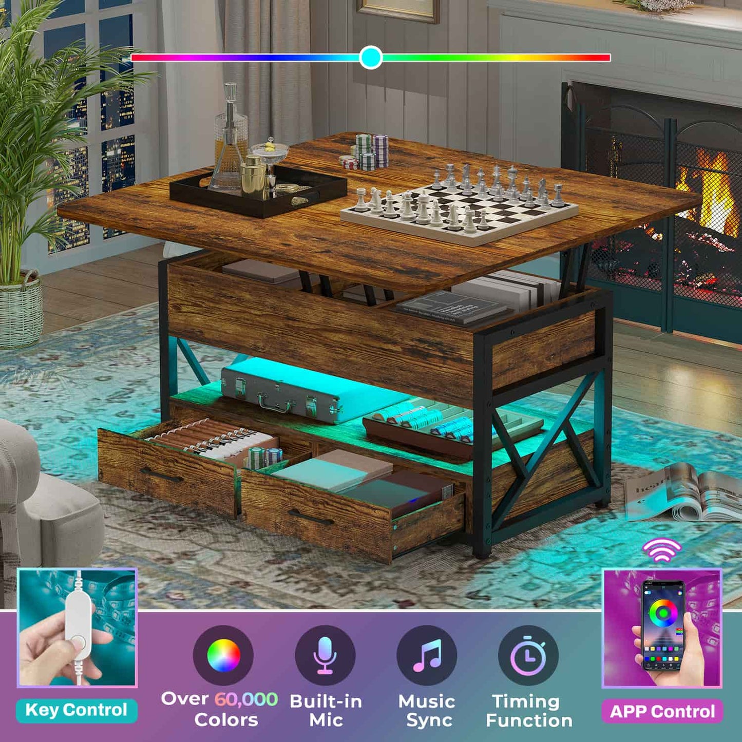 40 Inches Lift Top 4 in 1 LED Coffee Table with 2 Drawers Brown