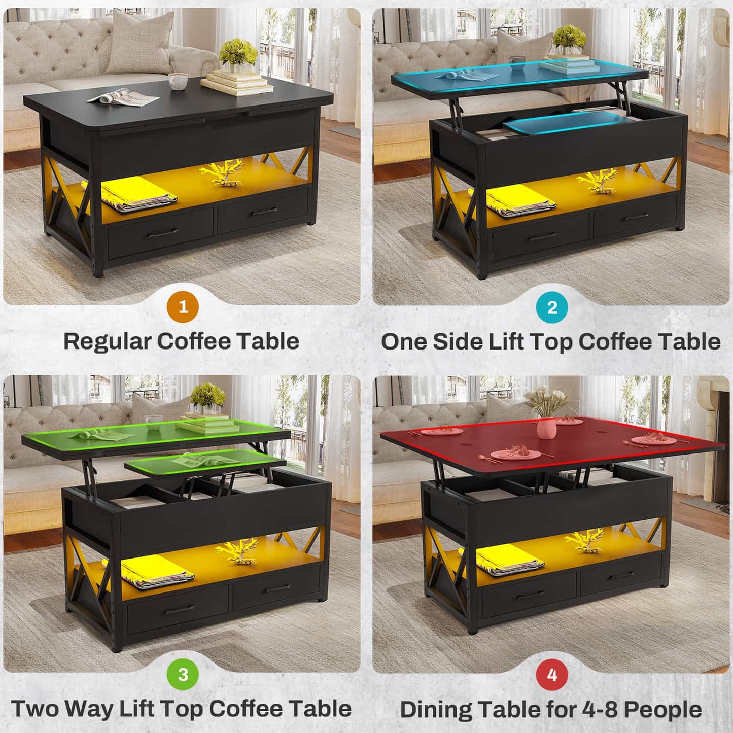 40 Inches Lift Top 4 in 1 LED Coffee Table with 2 Drawers Black