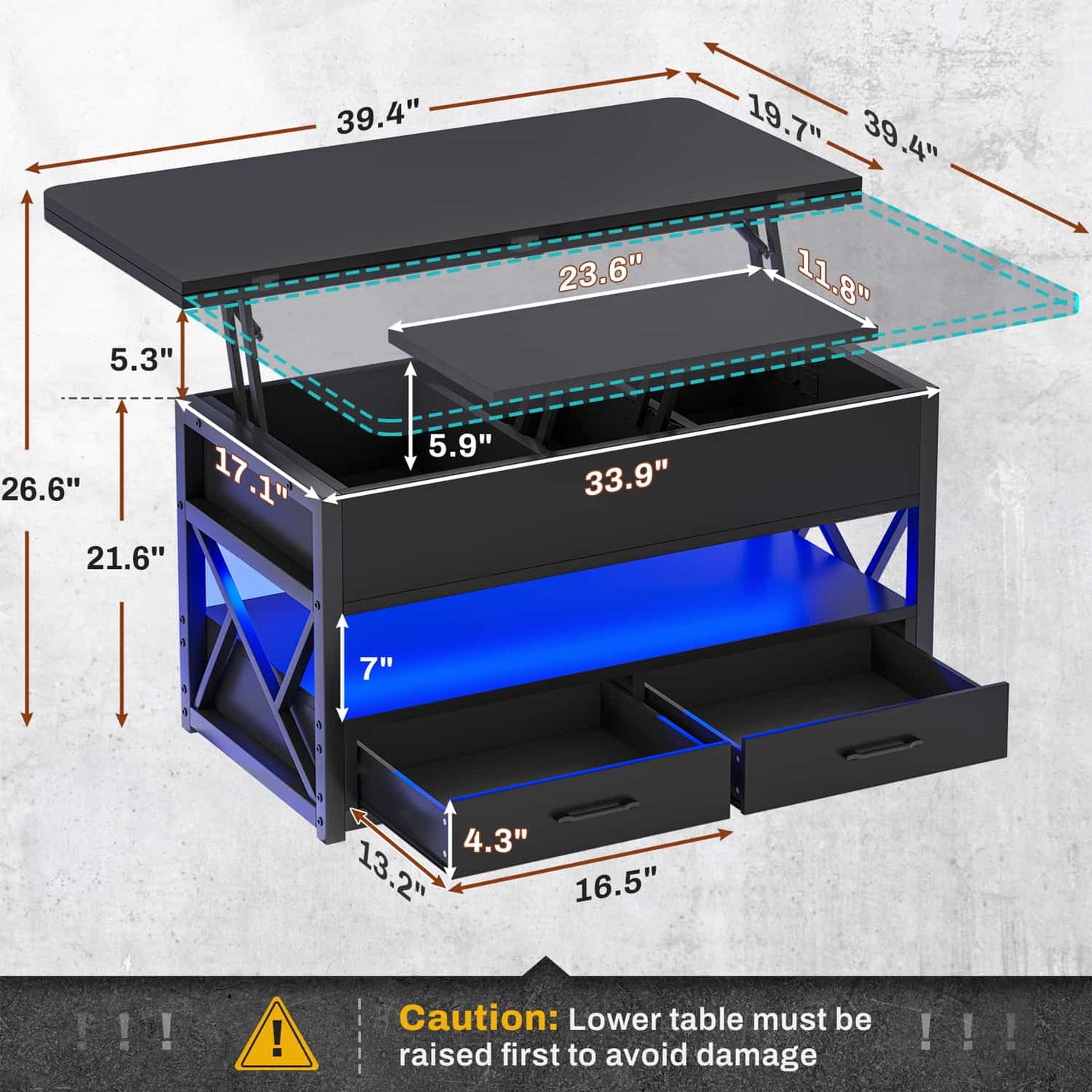 40 Inches Lift Top 4 in 1 LED Coffee Table with 2 Drawers Black