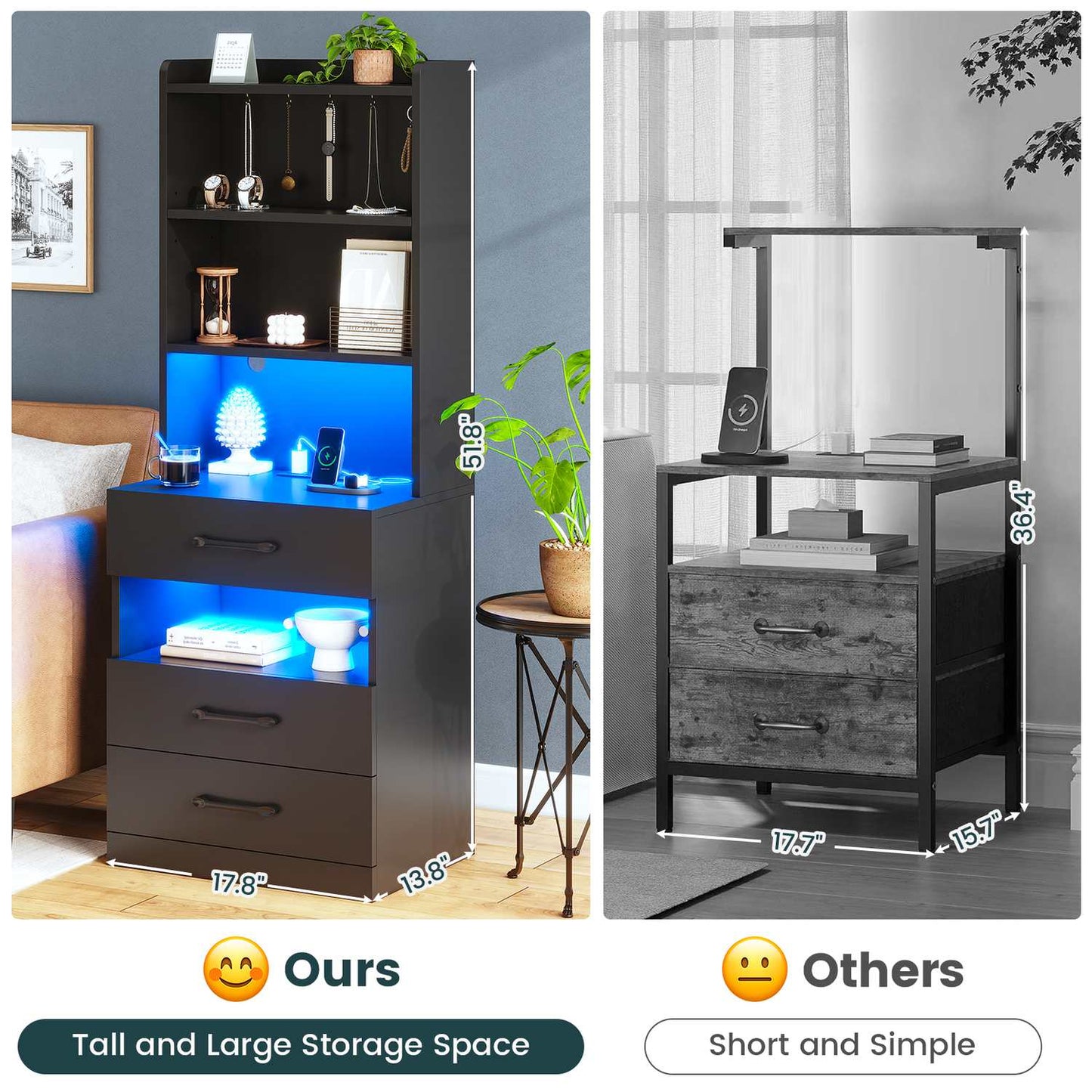 LED Tall Nightstand with Bookshelf Black