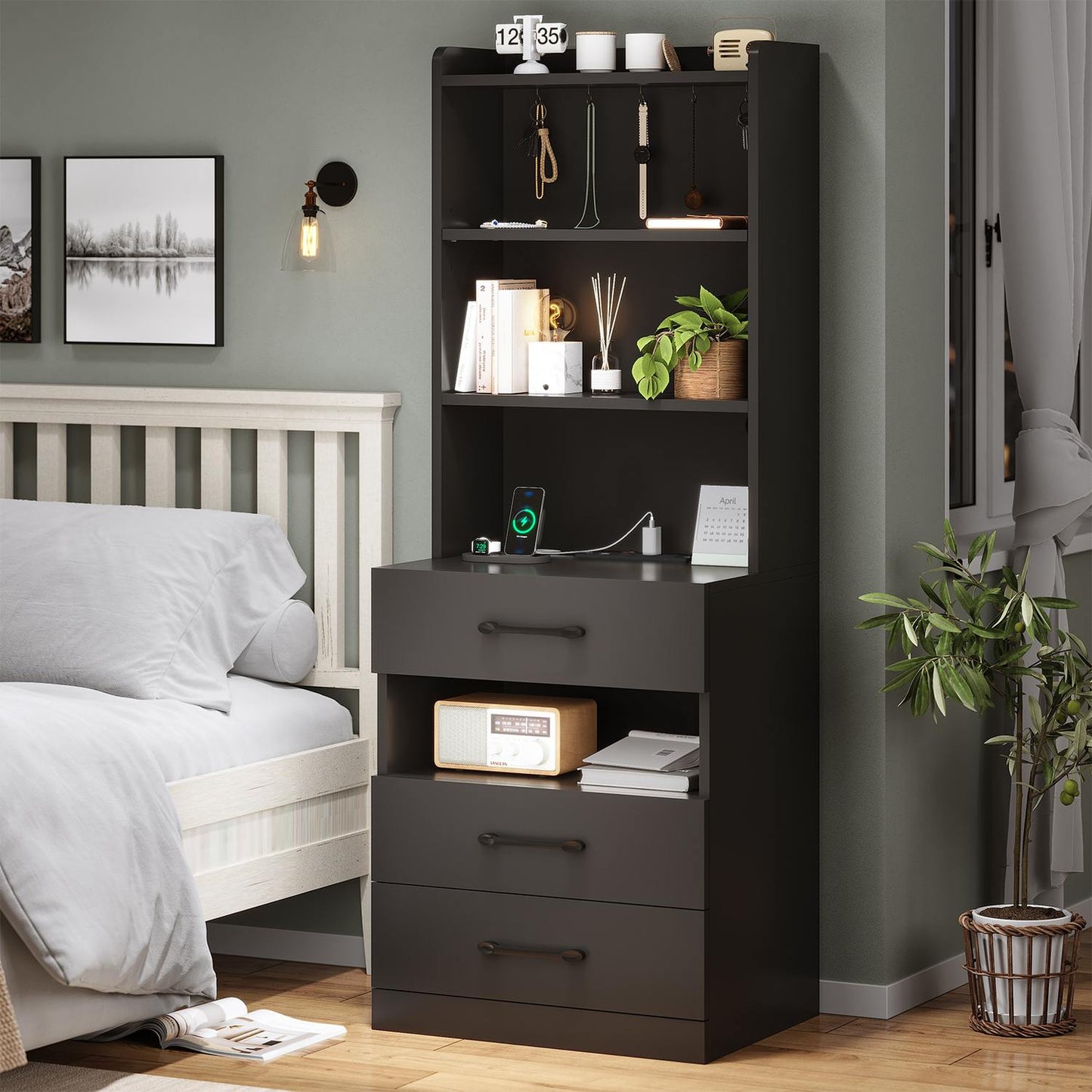 LED Tall Nightstand with Bookshelf Black