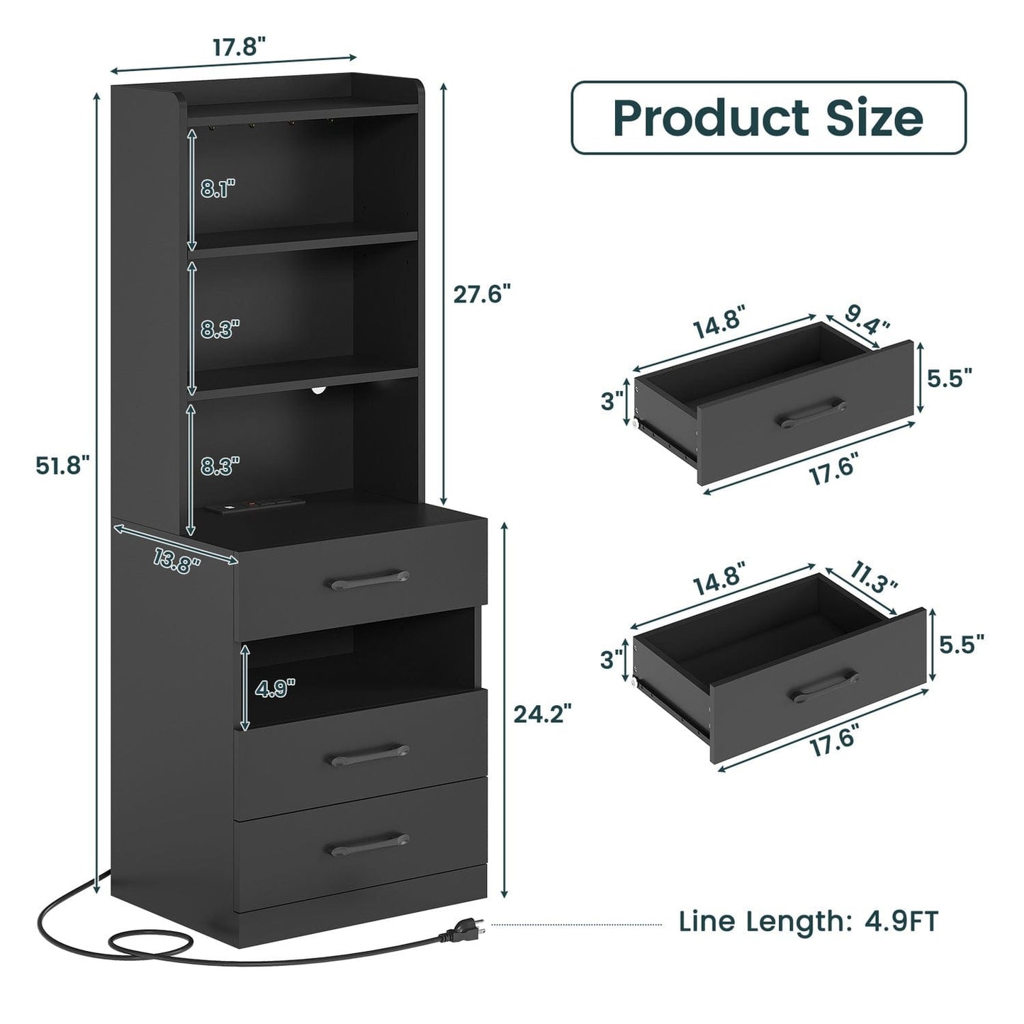 LED Tall Nightstand with Bookshelf Black