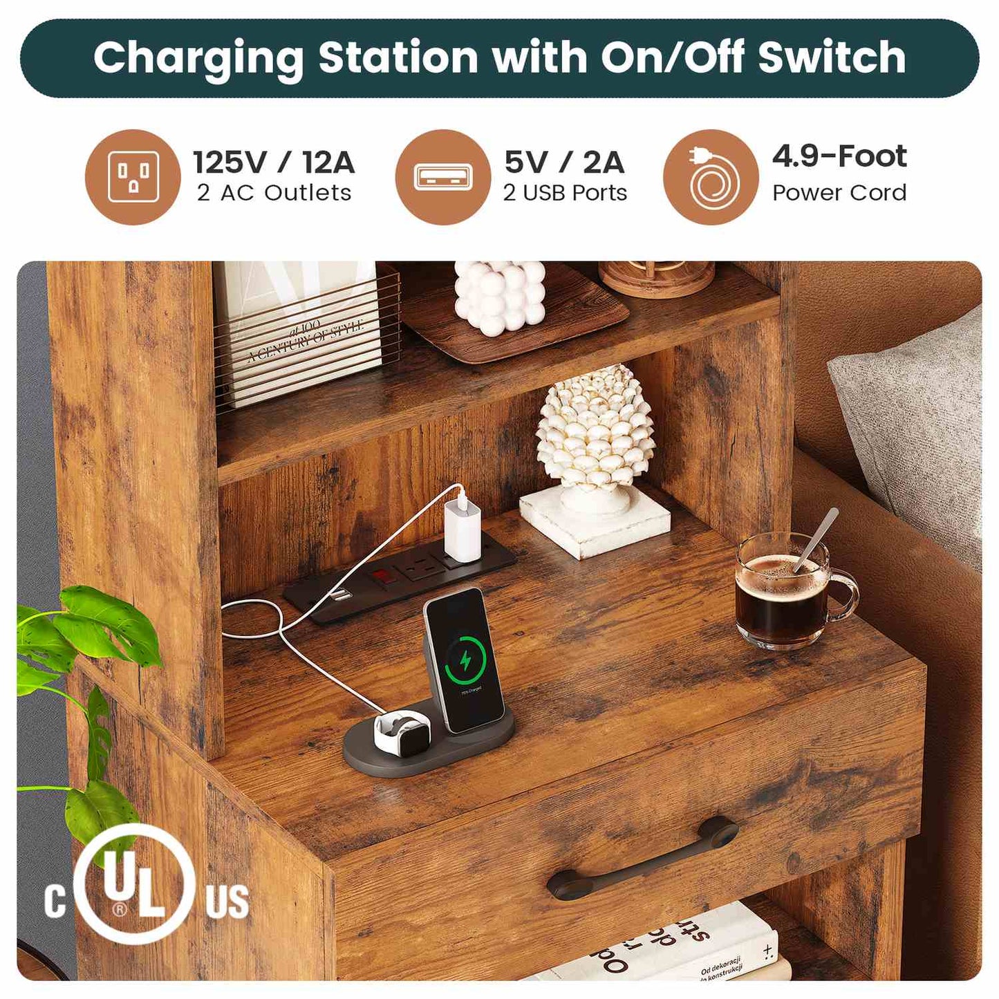 LED Tall Nightstand with Bookshelf Brown