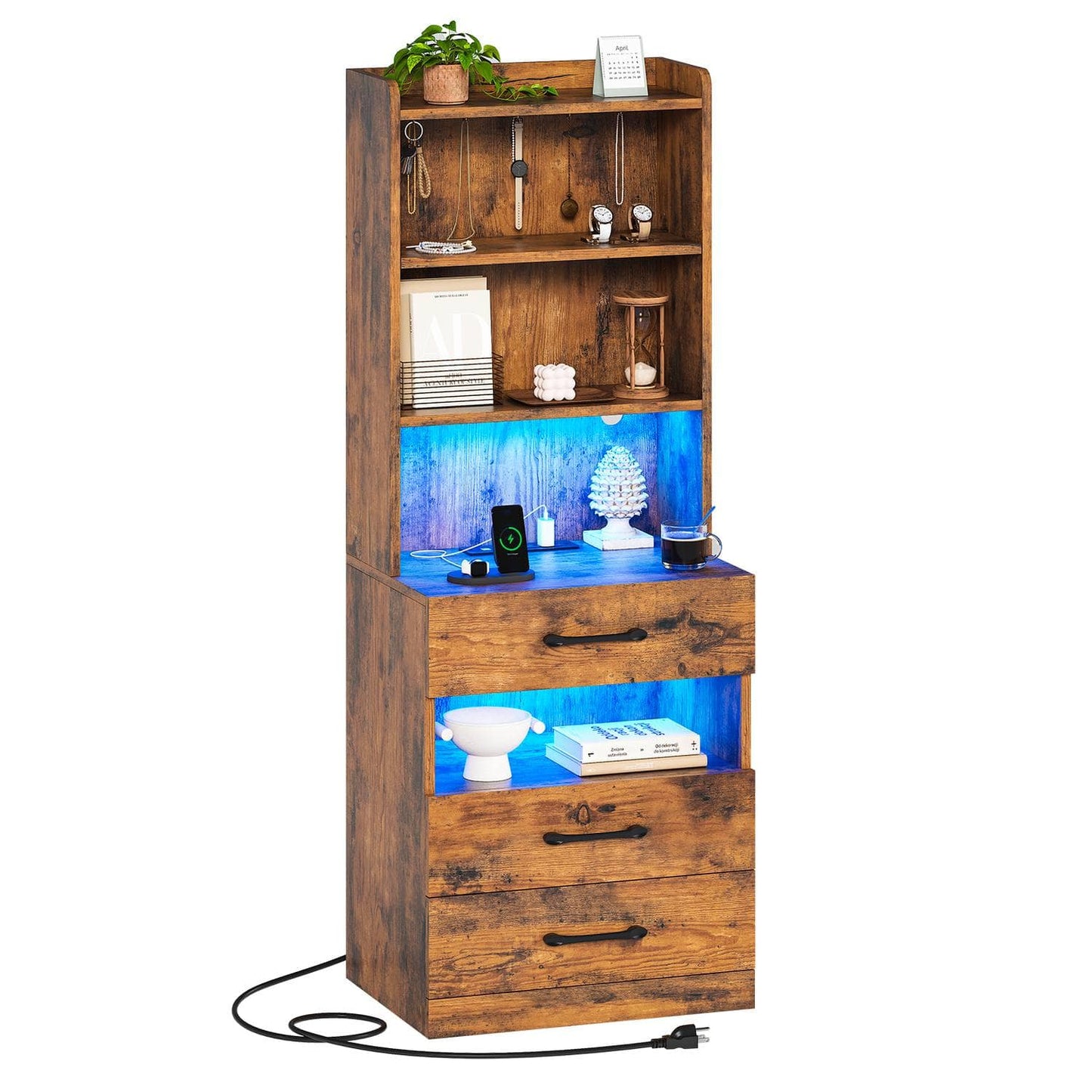 LED Tall Nightstand with Bookshelf Brown