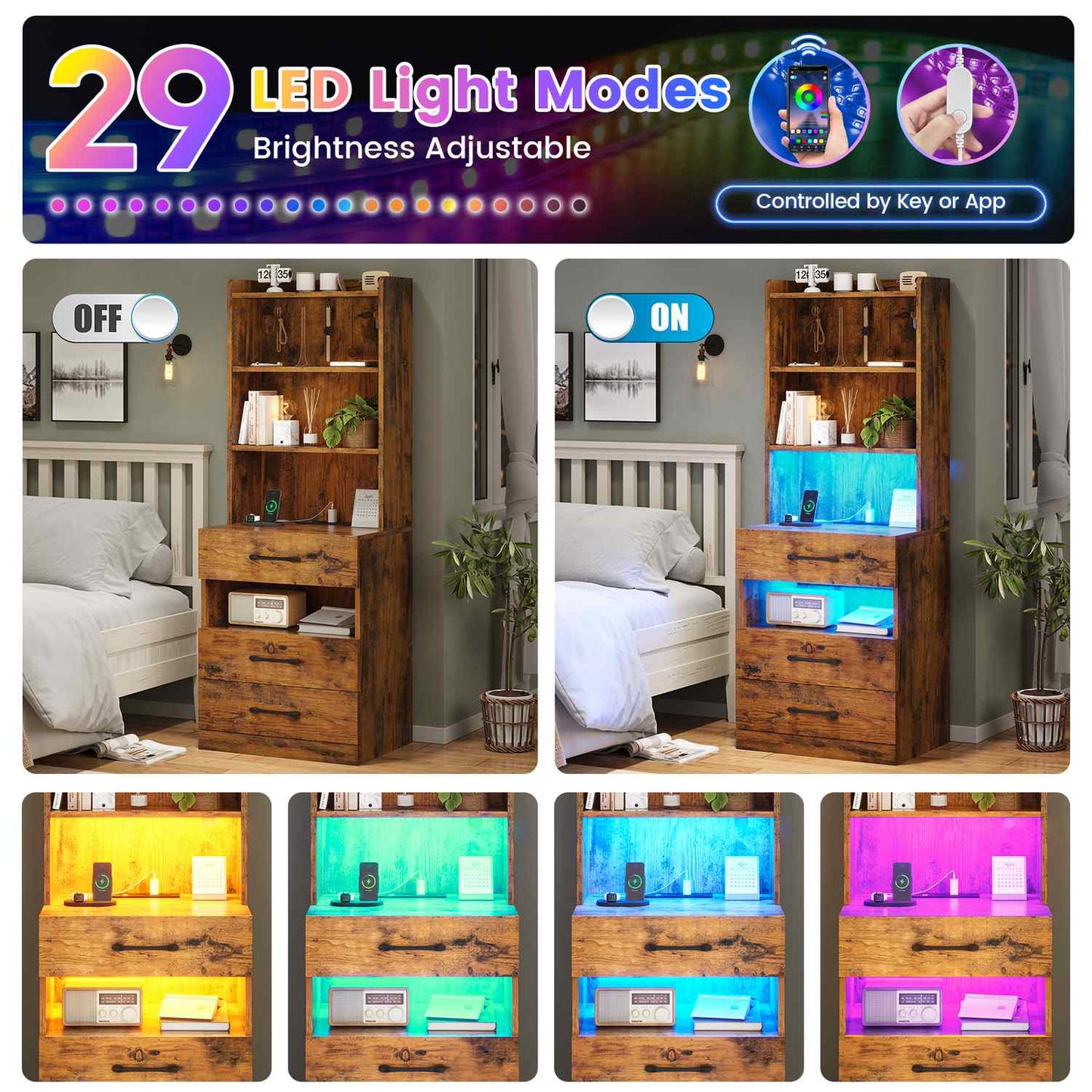 LED Tall Nightstand with Bookshelf Brown