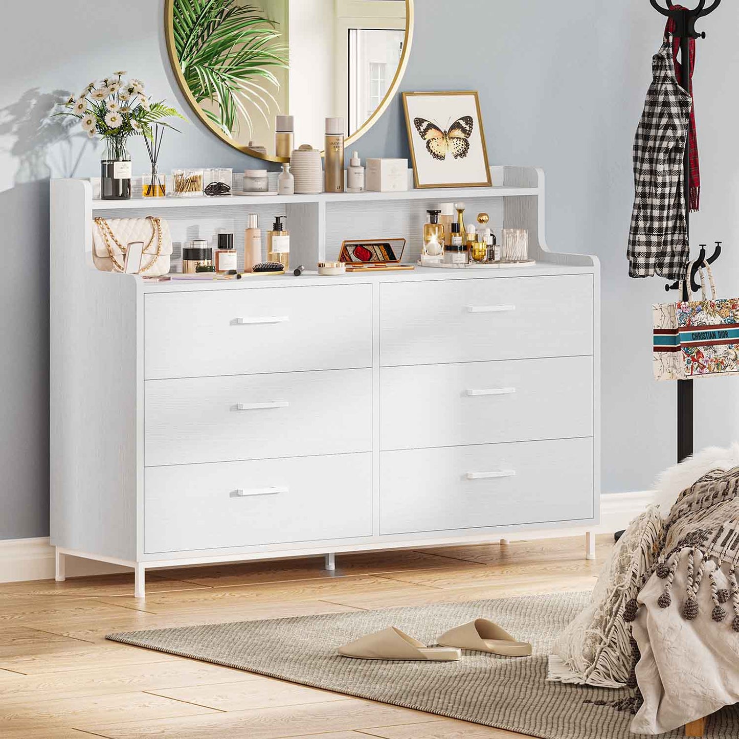 6 Drawers Dresser with Open Storage Space White