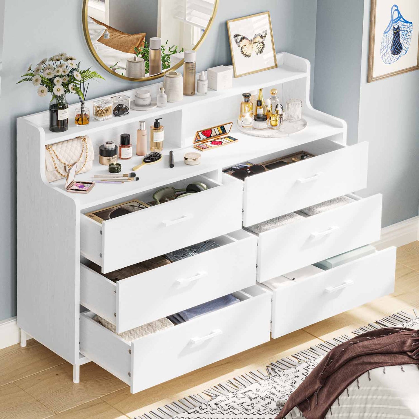 6 Drawers Dresser with Open Storage Space White