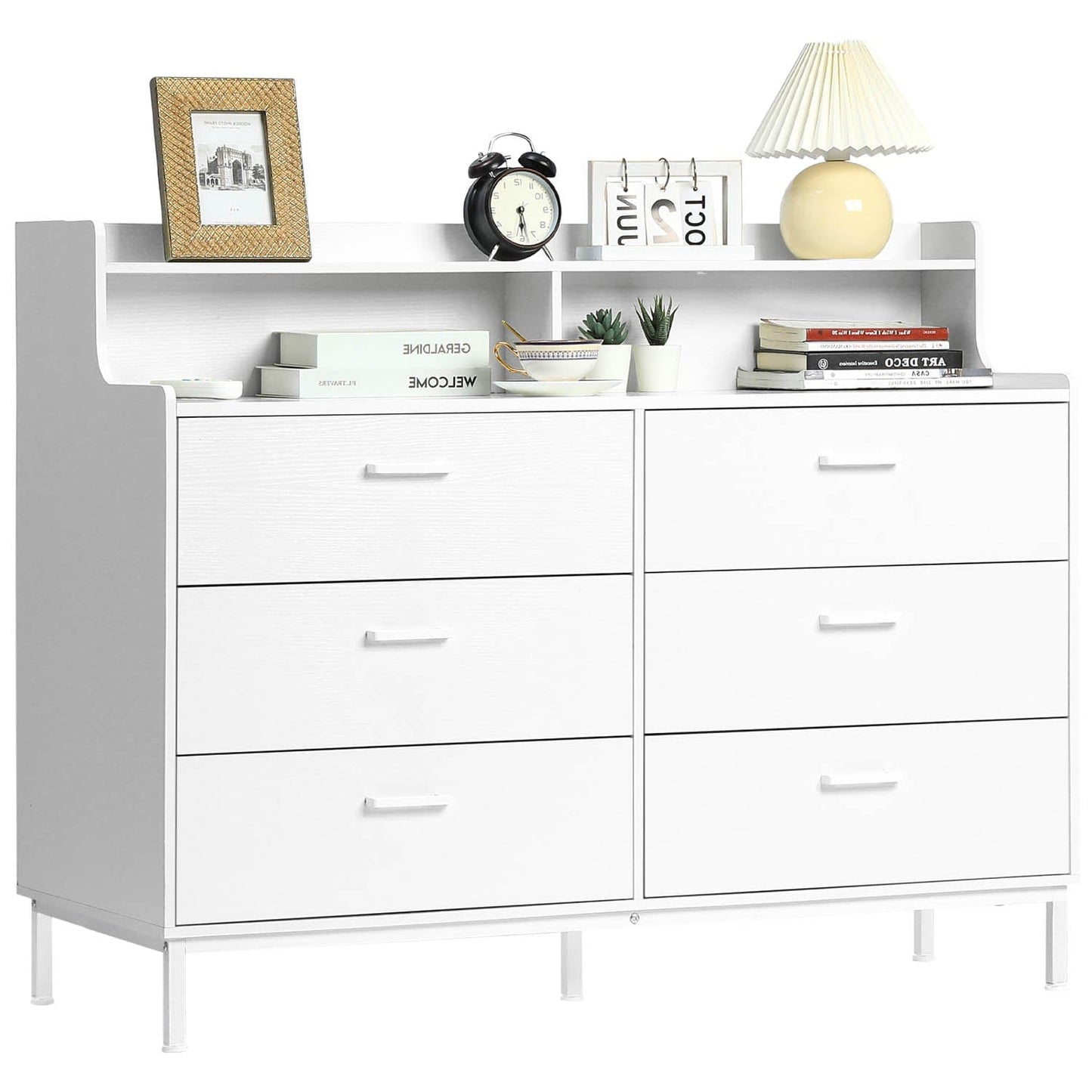 6 Drawers Dresser with Open Storage Space White