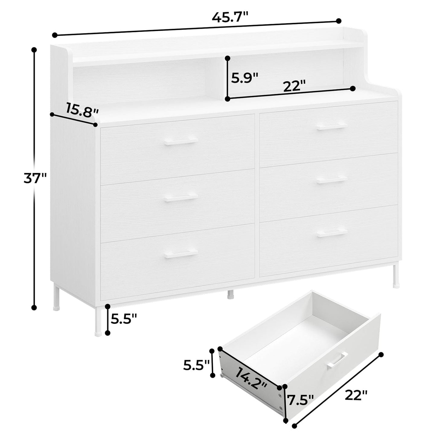 6 Drawers Dresser with Open Storage Space White