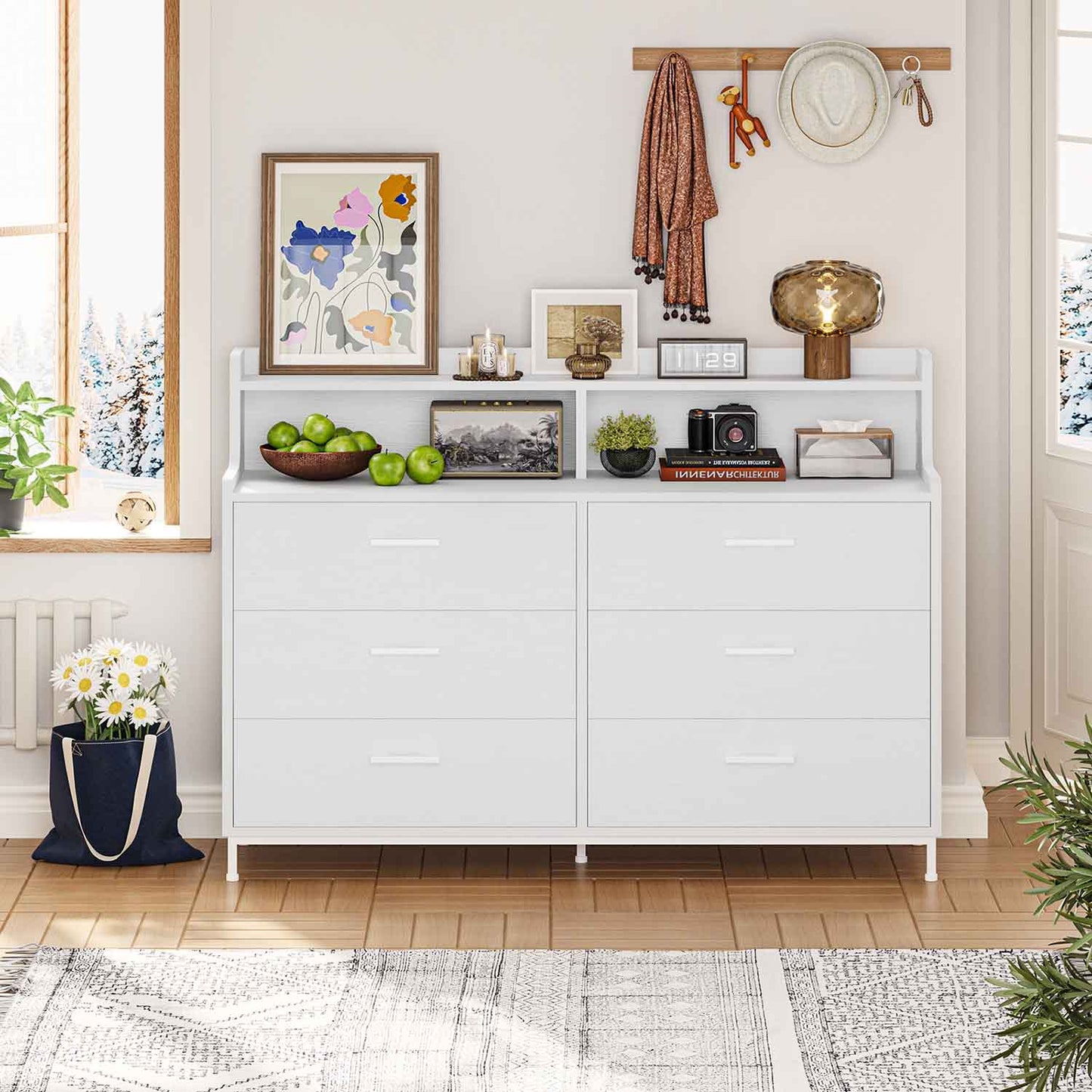6 Drawers Dresser with Open Storage Space White