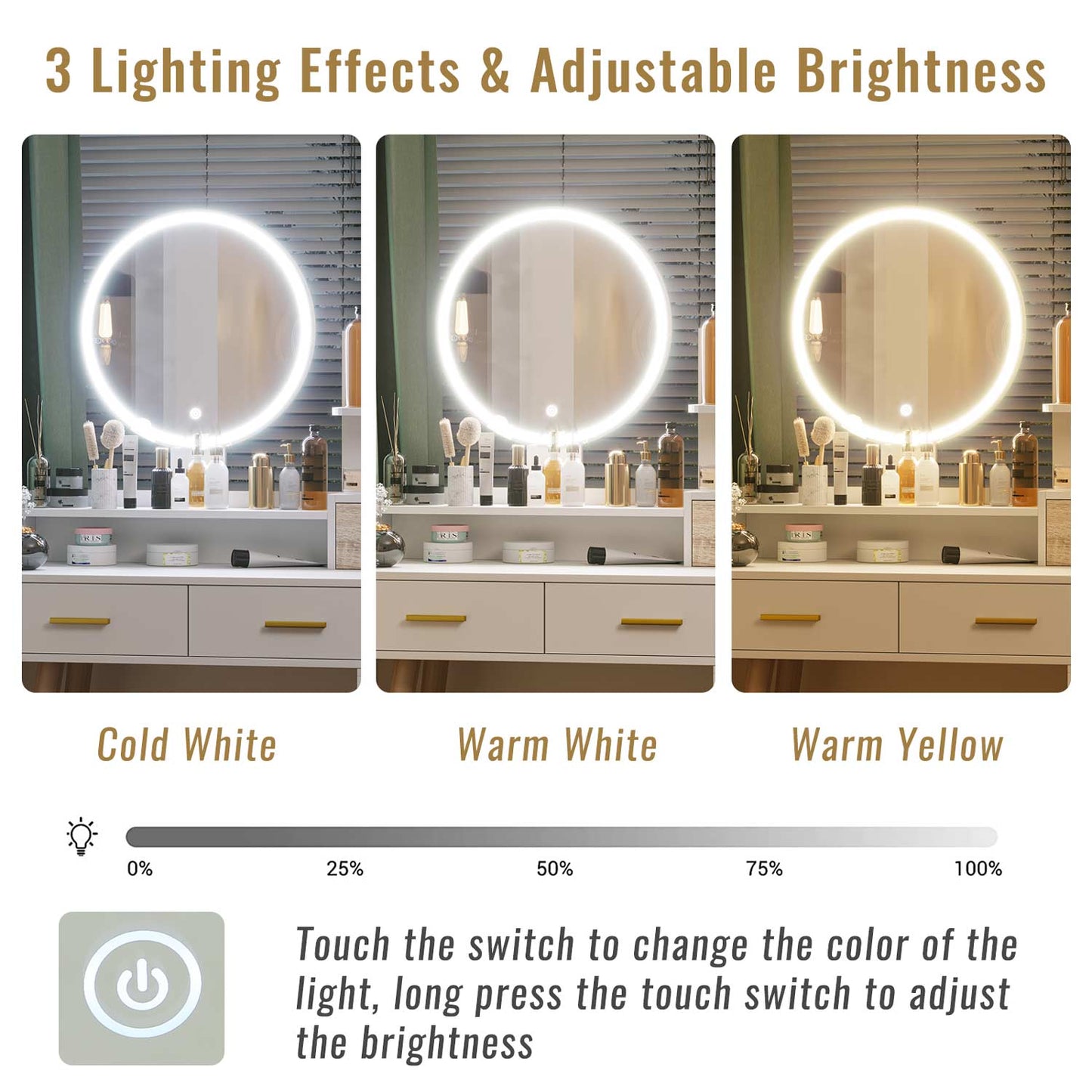 Makeup Vanity with LED Touch Screen Mirror White