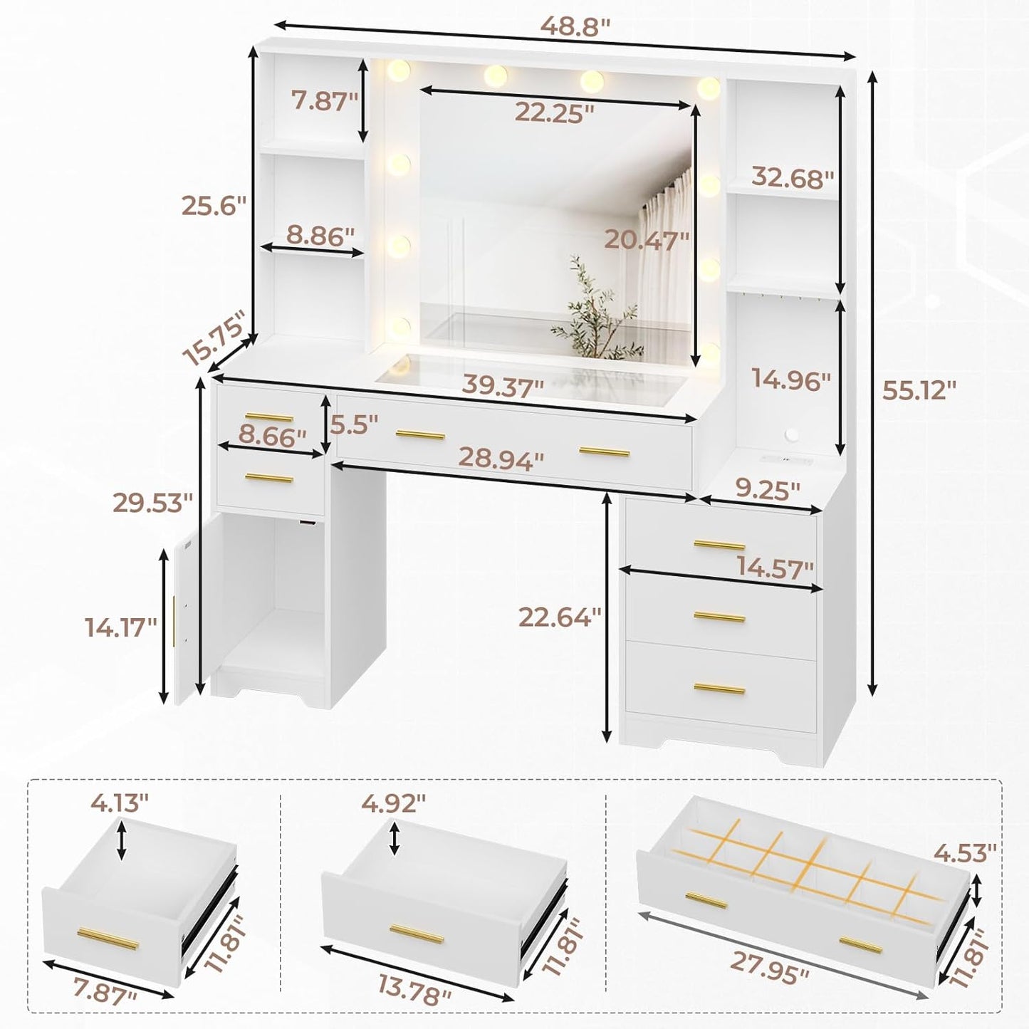 48.8 Inches LED Large Makeup Vanity with Mirror White