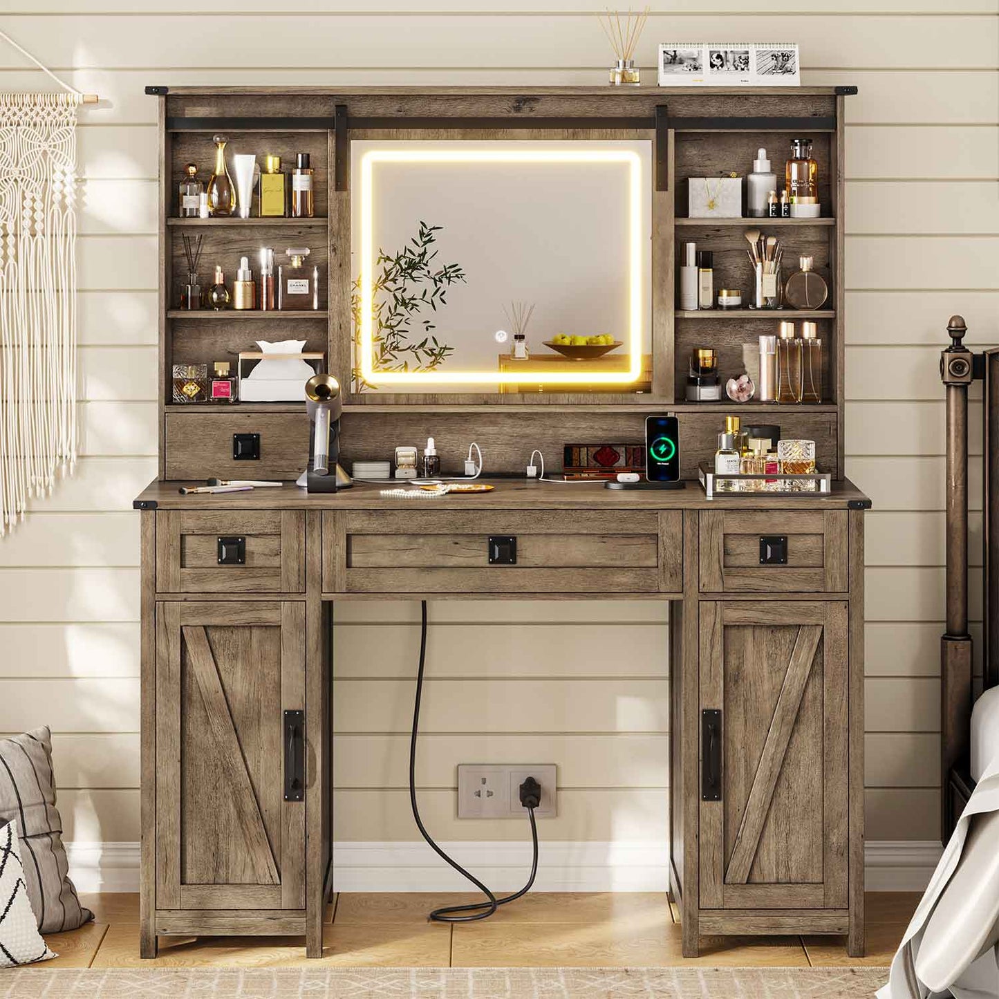 Makeup Vanity with Sliding Mirror LED Lights Brown