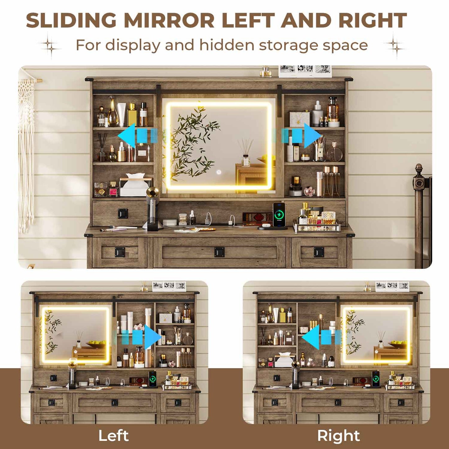 Makeup Vanity with Sliding Mirror LED Lights Brown