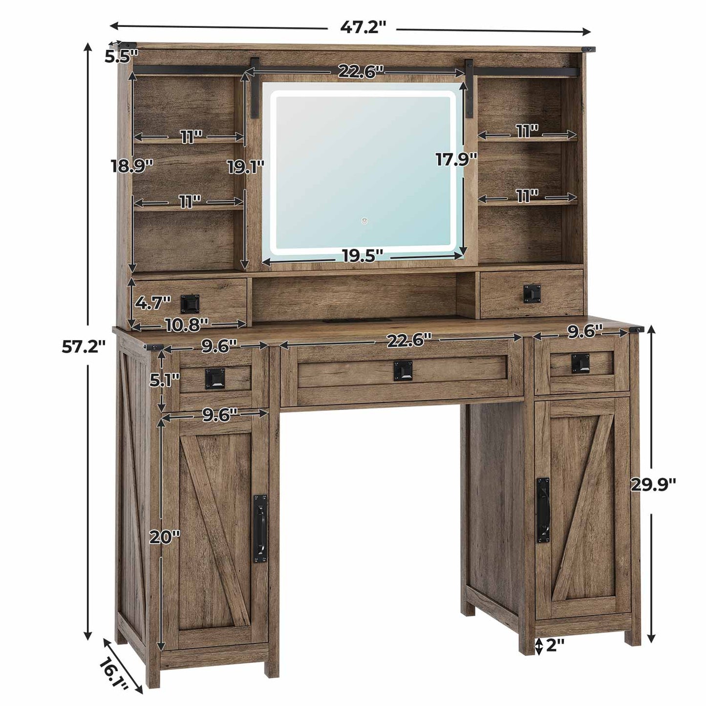Makeup Vanity with Sliding Mirror LED Lights Brown