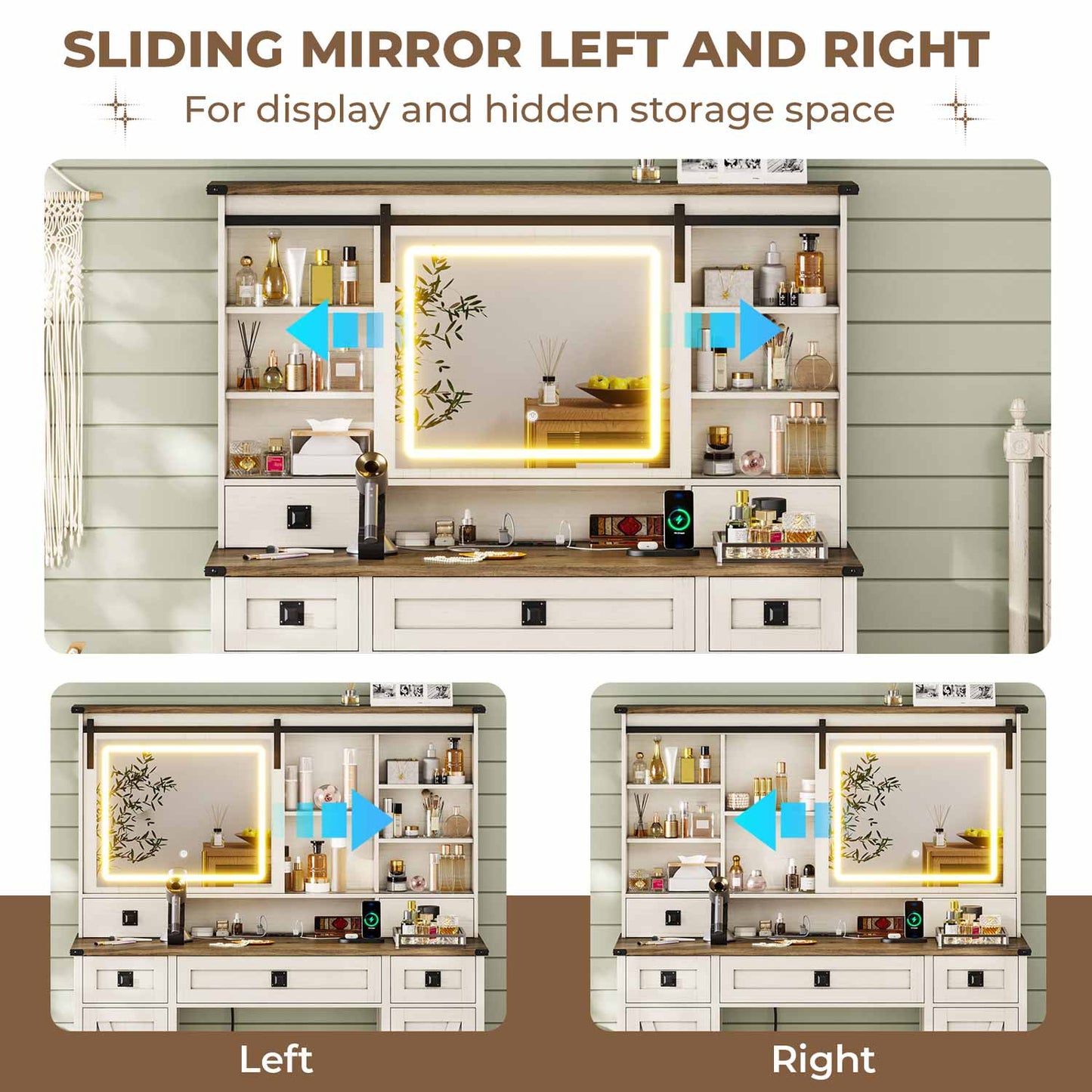 Makeup Vanity with Sliding Mirror LED Lights White