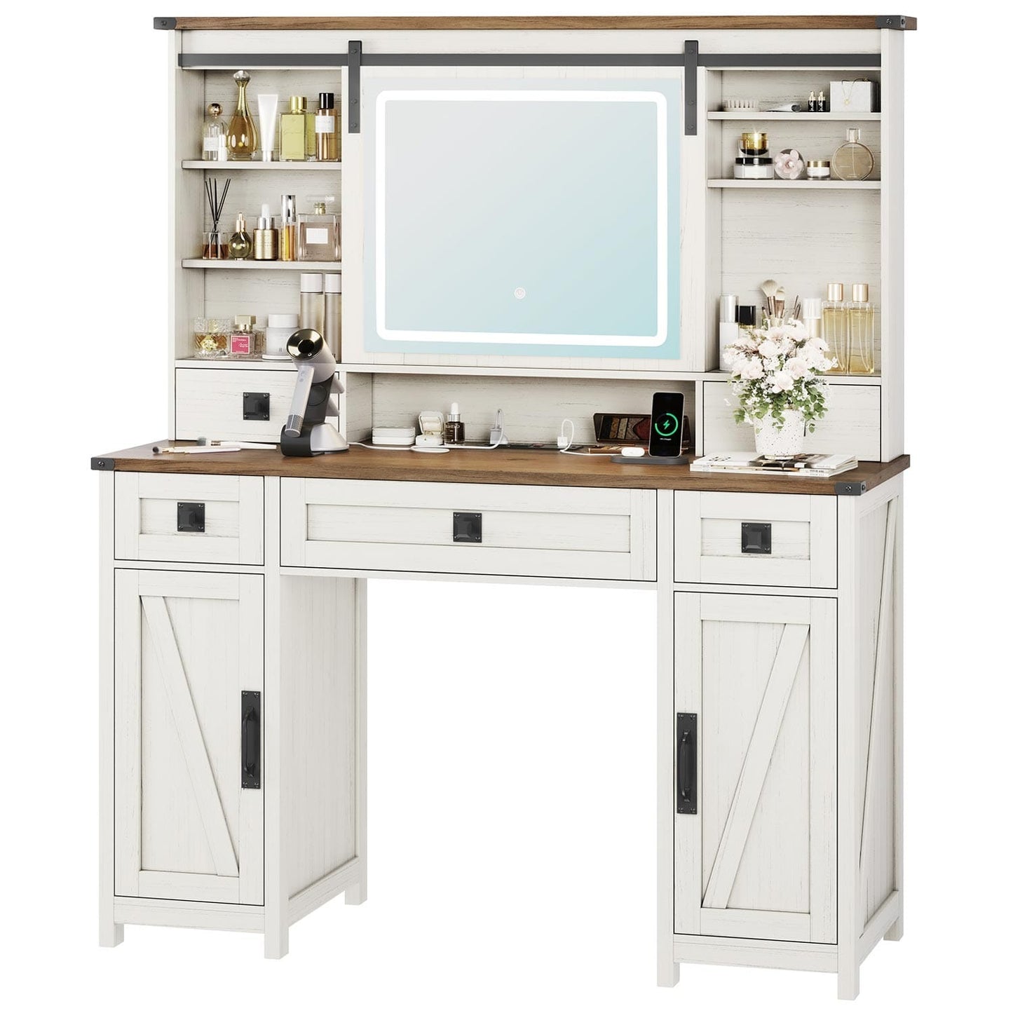Makeup Vanity with Sliding Mirror LED Lights White