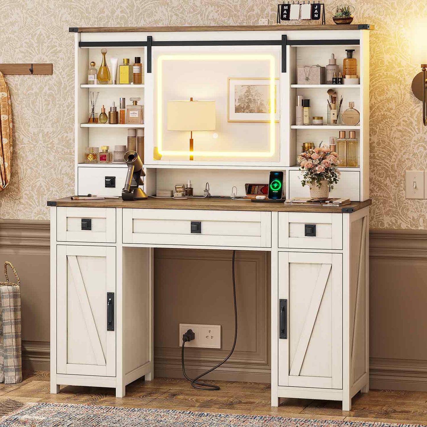 Makeup Vanity with Sliding Mirror LED Lights White