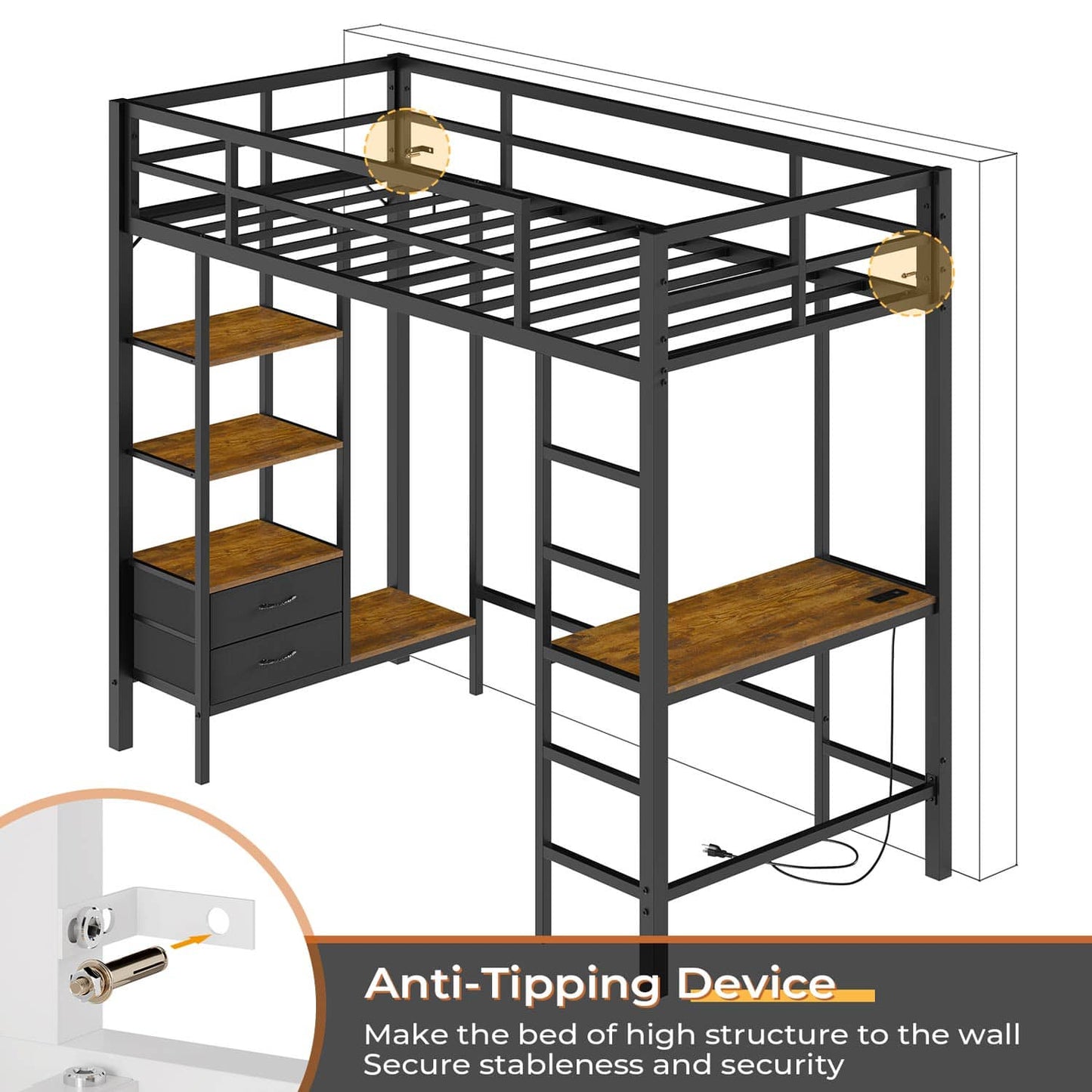 Twin LED Loft Bed Frame with Desk Charging Station Black