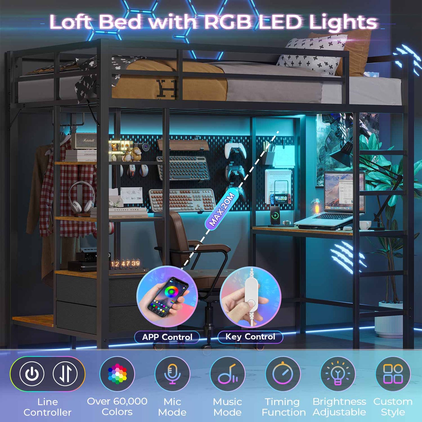 Twin LED Loft Bed Frame with Desk Charging Station Black