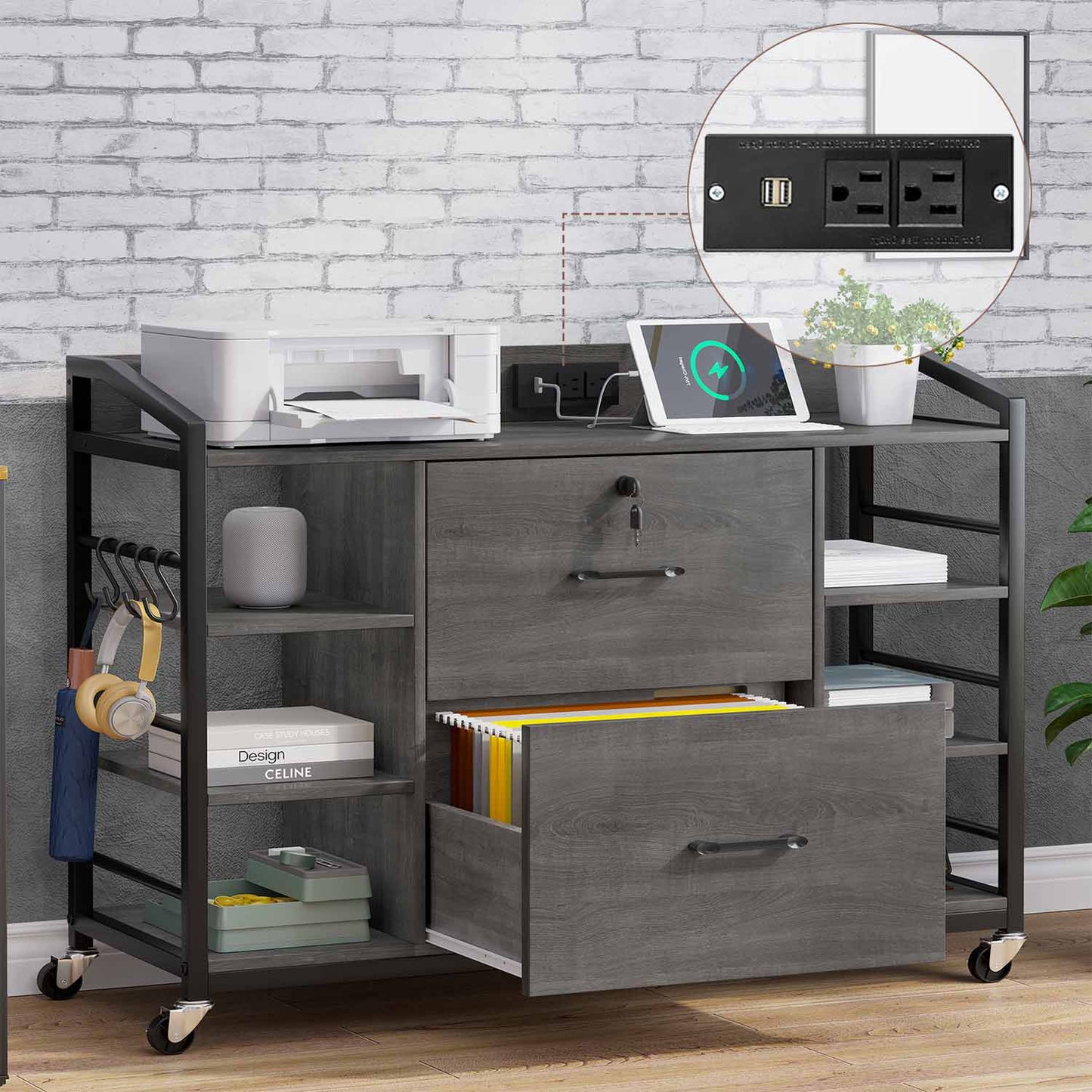 44 Inches File Cabinet with 2 Drawers Grey