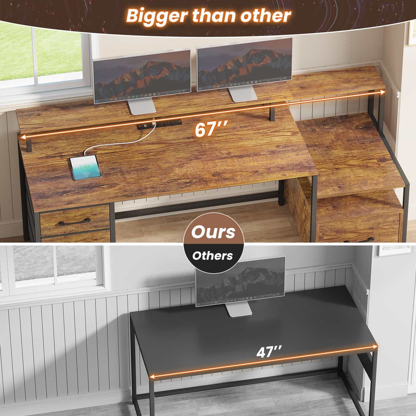 66 inches LED Gaming Desk with Monitor Shelf Brown