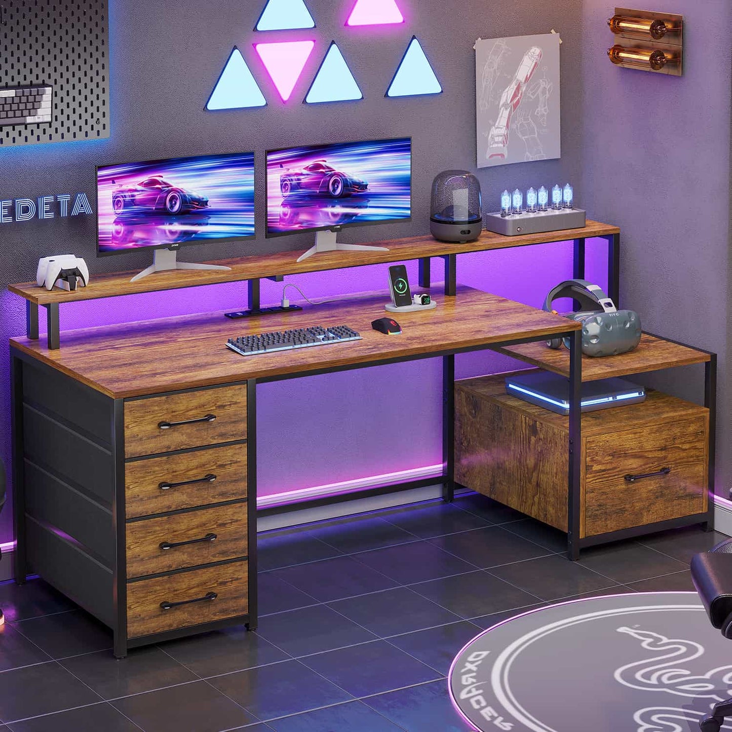 66 inches LED Gaming Desk with Monitor Shelf Brown