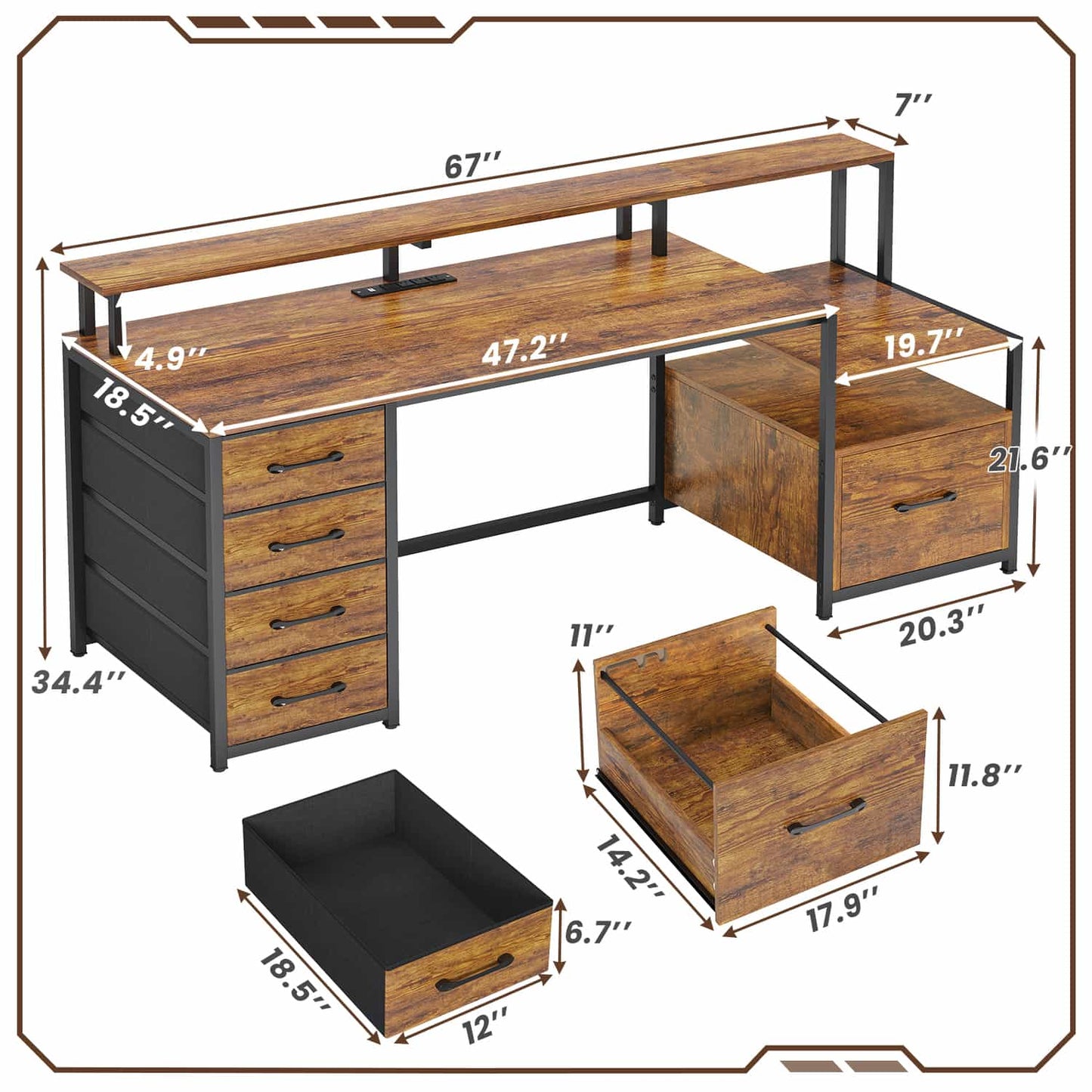 66 inches LED Gaming Desk with Monitor Shelf Brown
