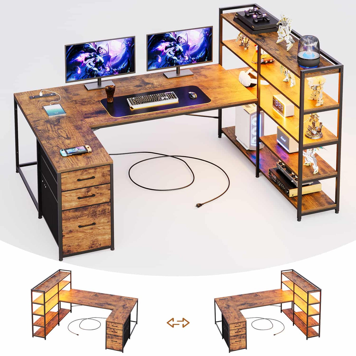 64.5 Inches Reversible U Shaped LED Gaming Desk Brown