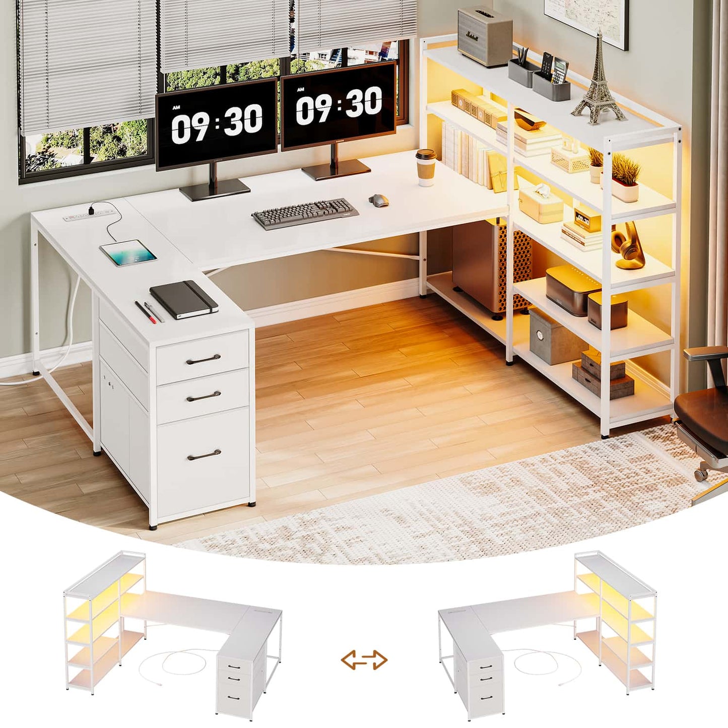 64.5 Inches Reversible U Shaped LED Gaming Desk White