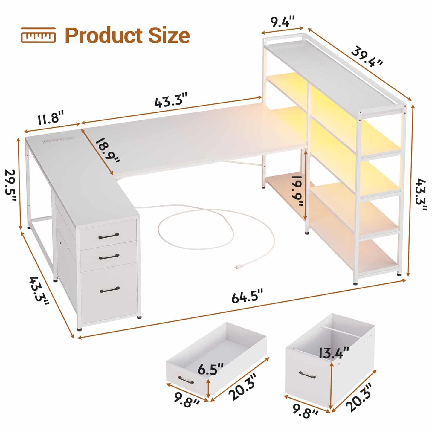 64.5 Inches Reversible U Shaped LED Gaming Desk White