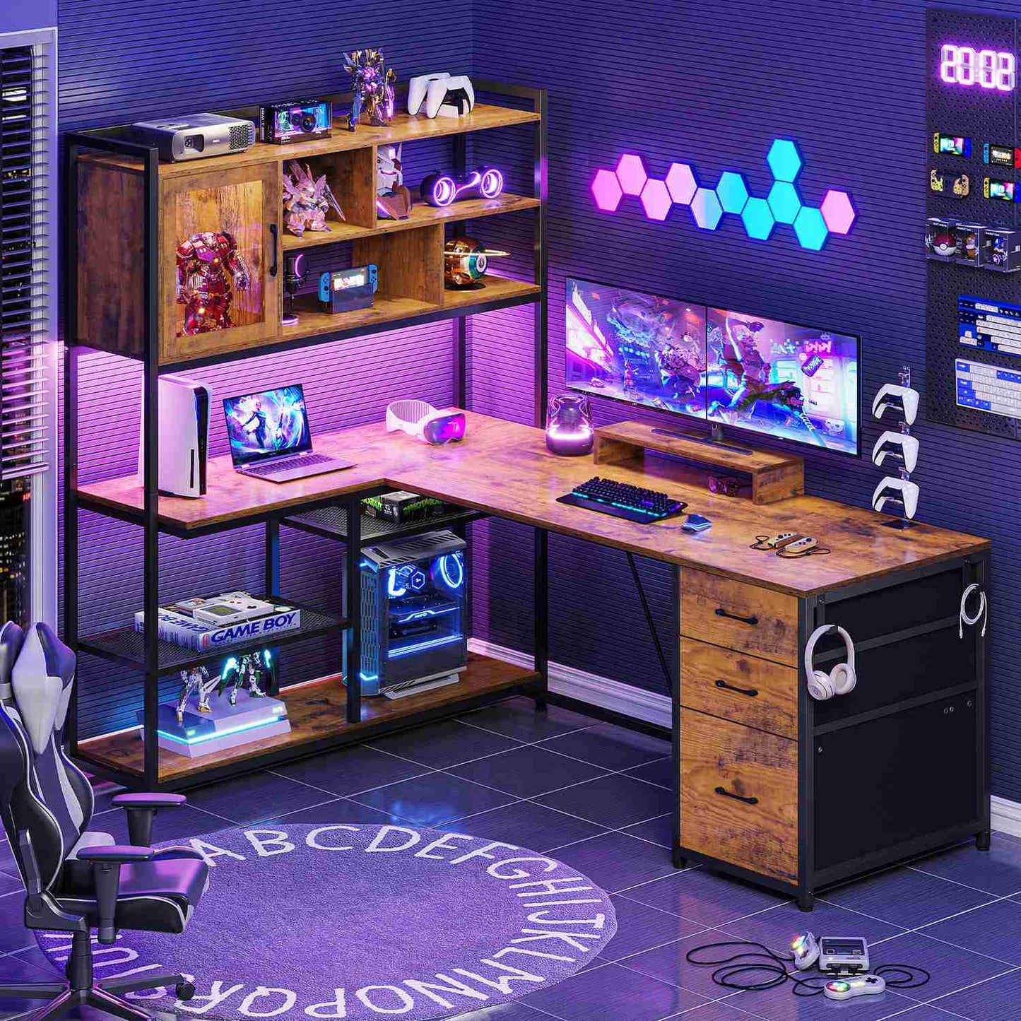 58 Inches L Shaped LED Gaming Desk Brown