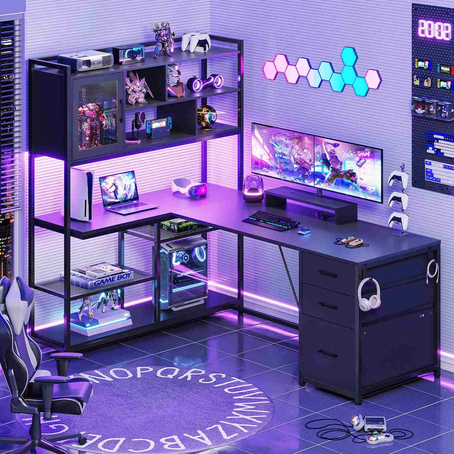 58 Inches L Shaped LED Gaming Desk Black