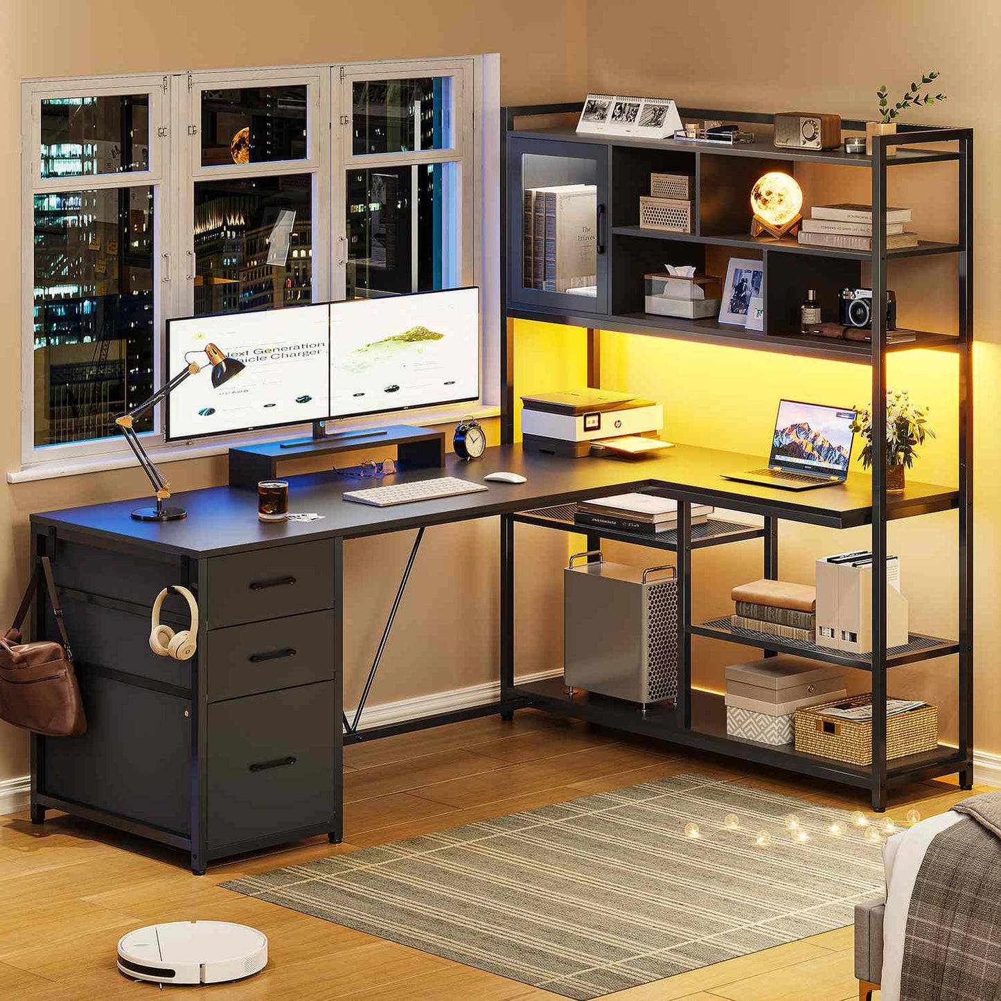 58 Inches L Shaped LED Gaming Desk Black