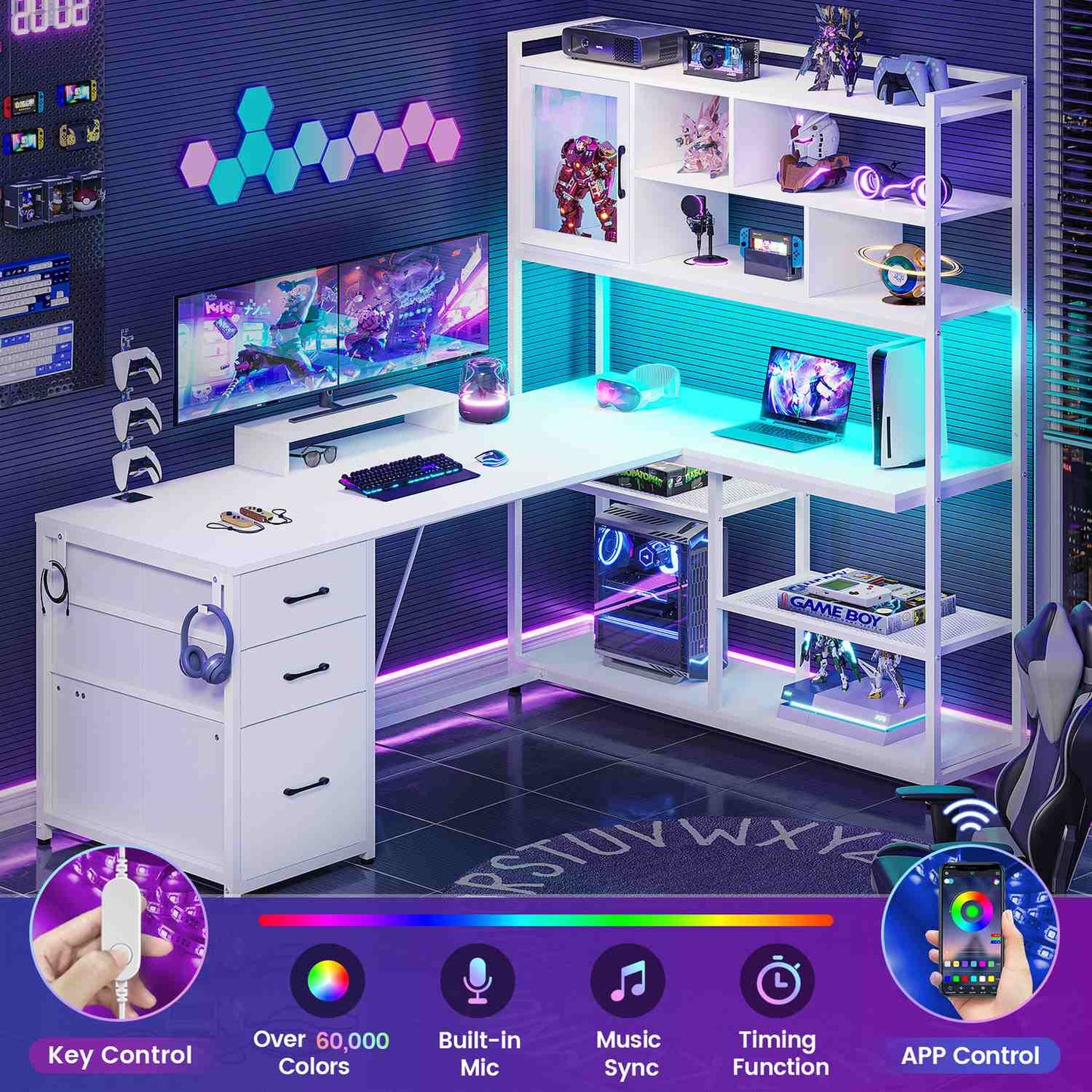 58 Inches L Shaped LED Gaming Desk White