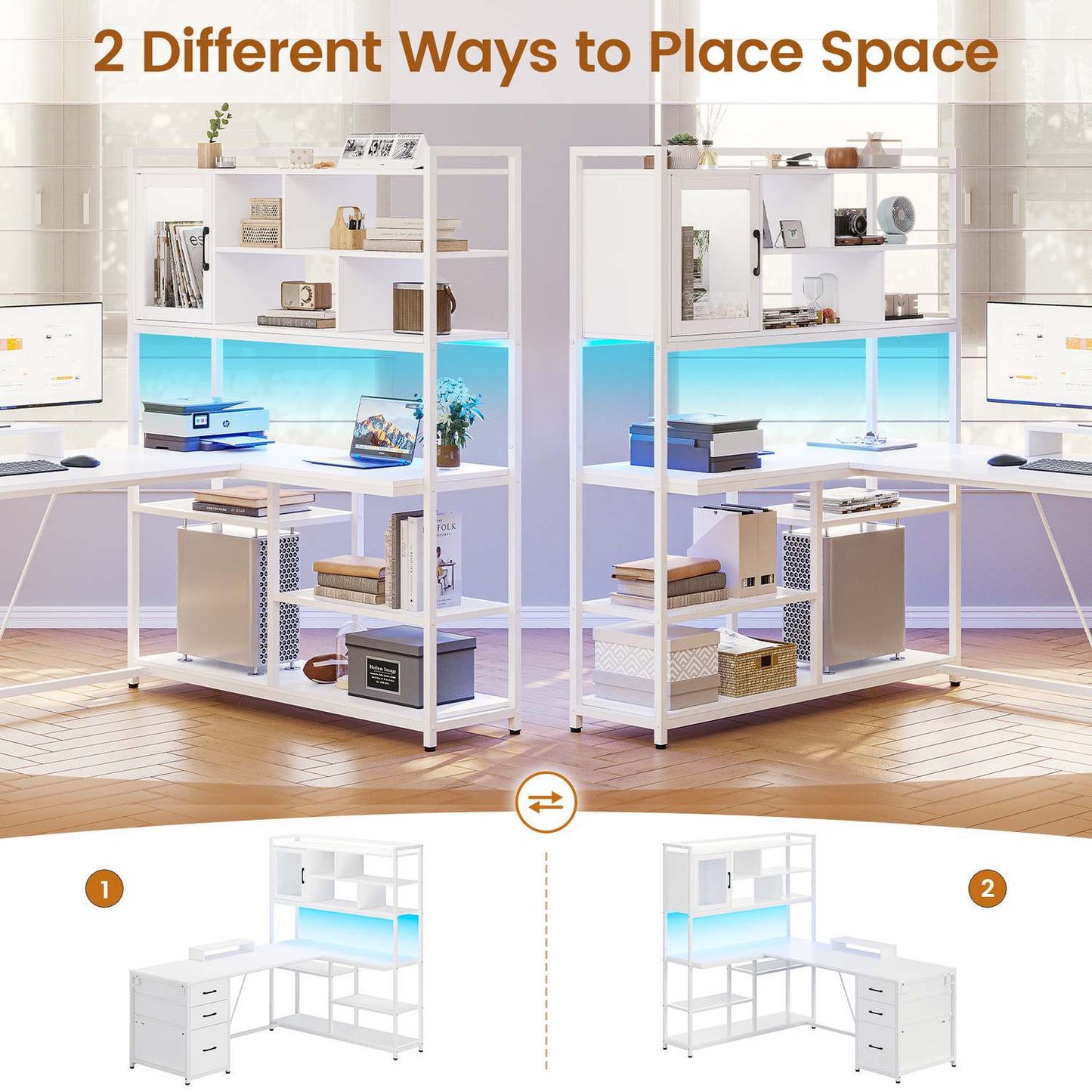 58 Inches L Shaped LED Gaming Desk White