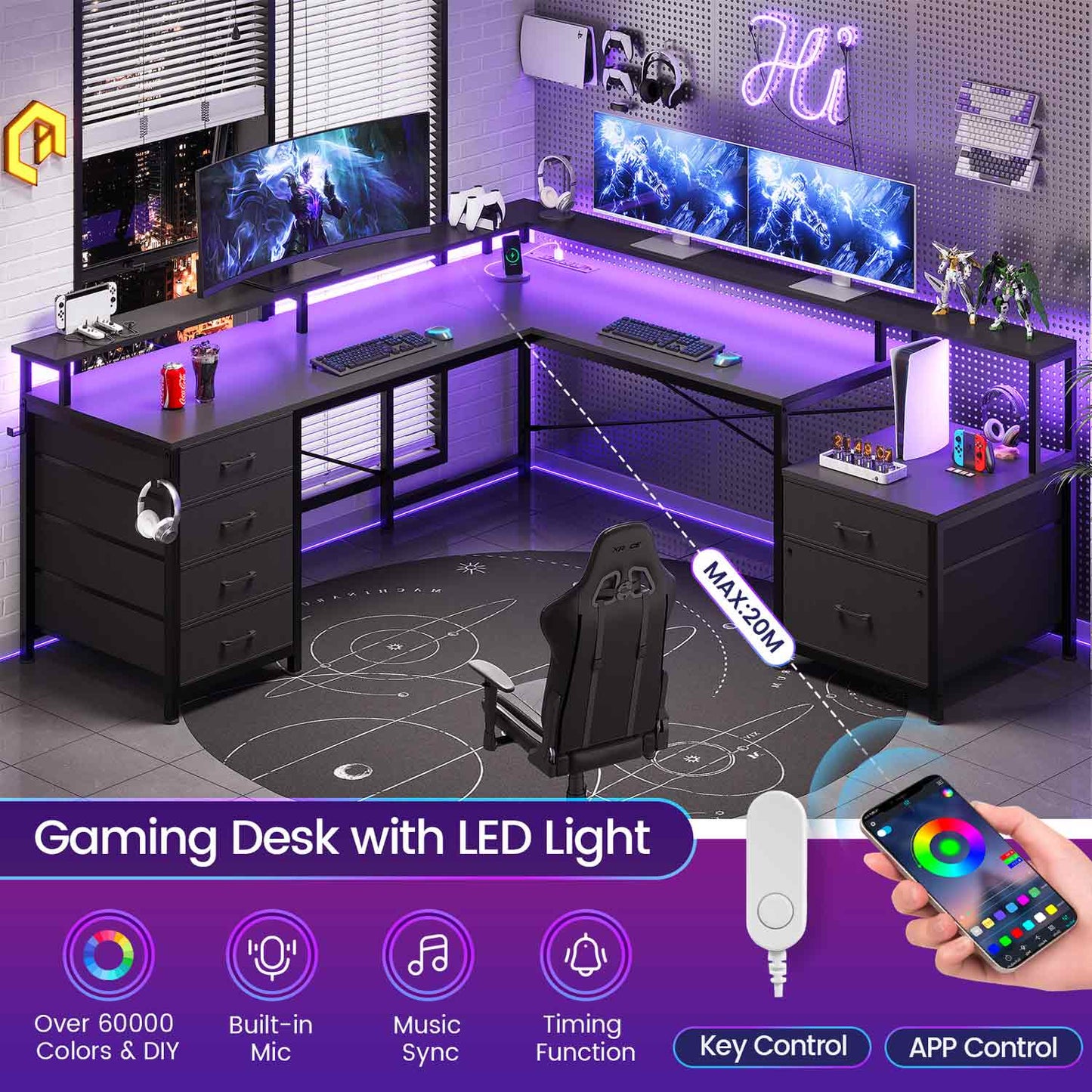 108 Inches LED 2 Person Gaming Desk Black