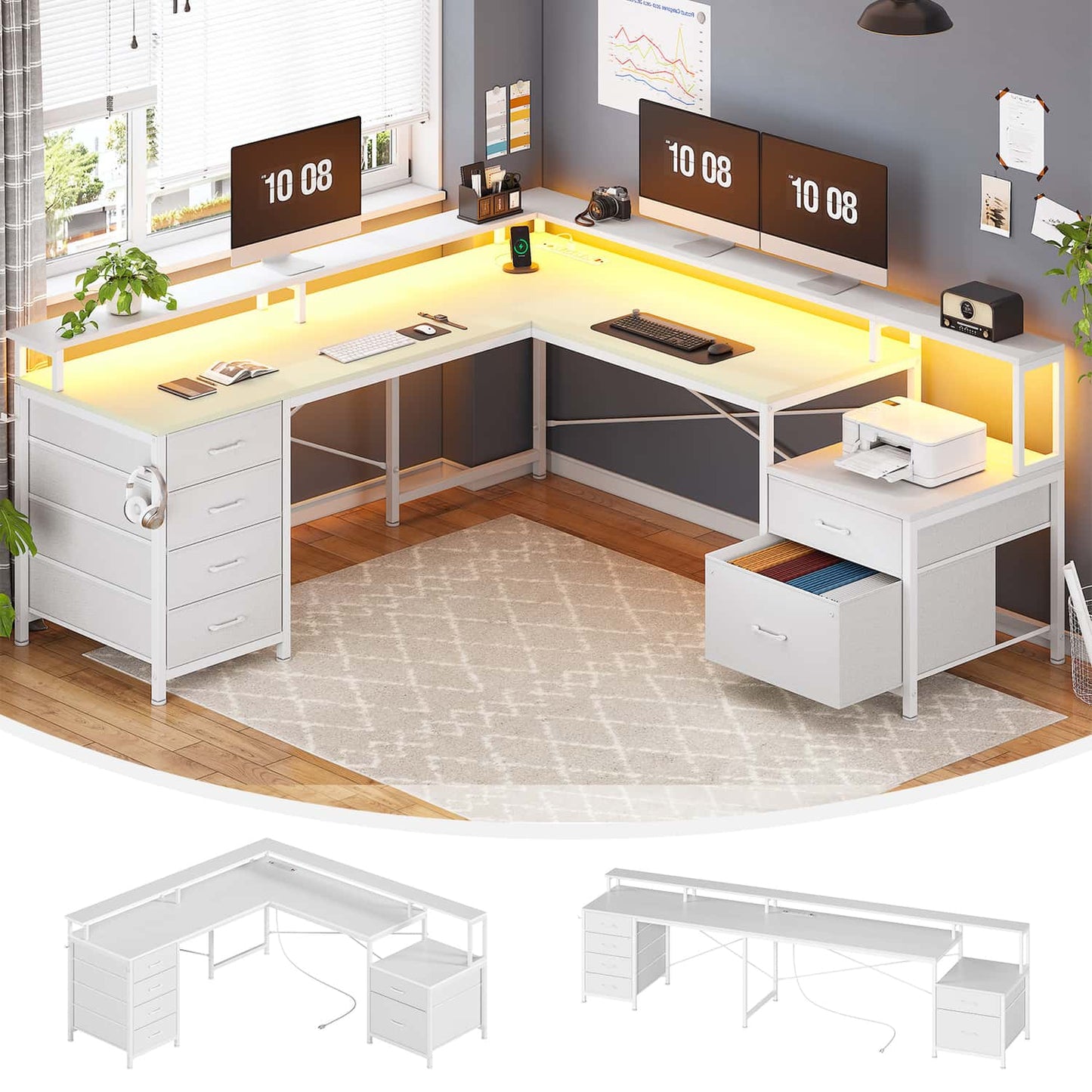 108 Inches LED 2 Person Gaming Desk White