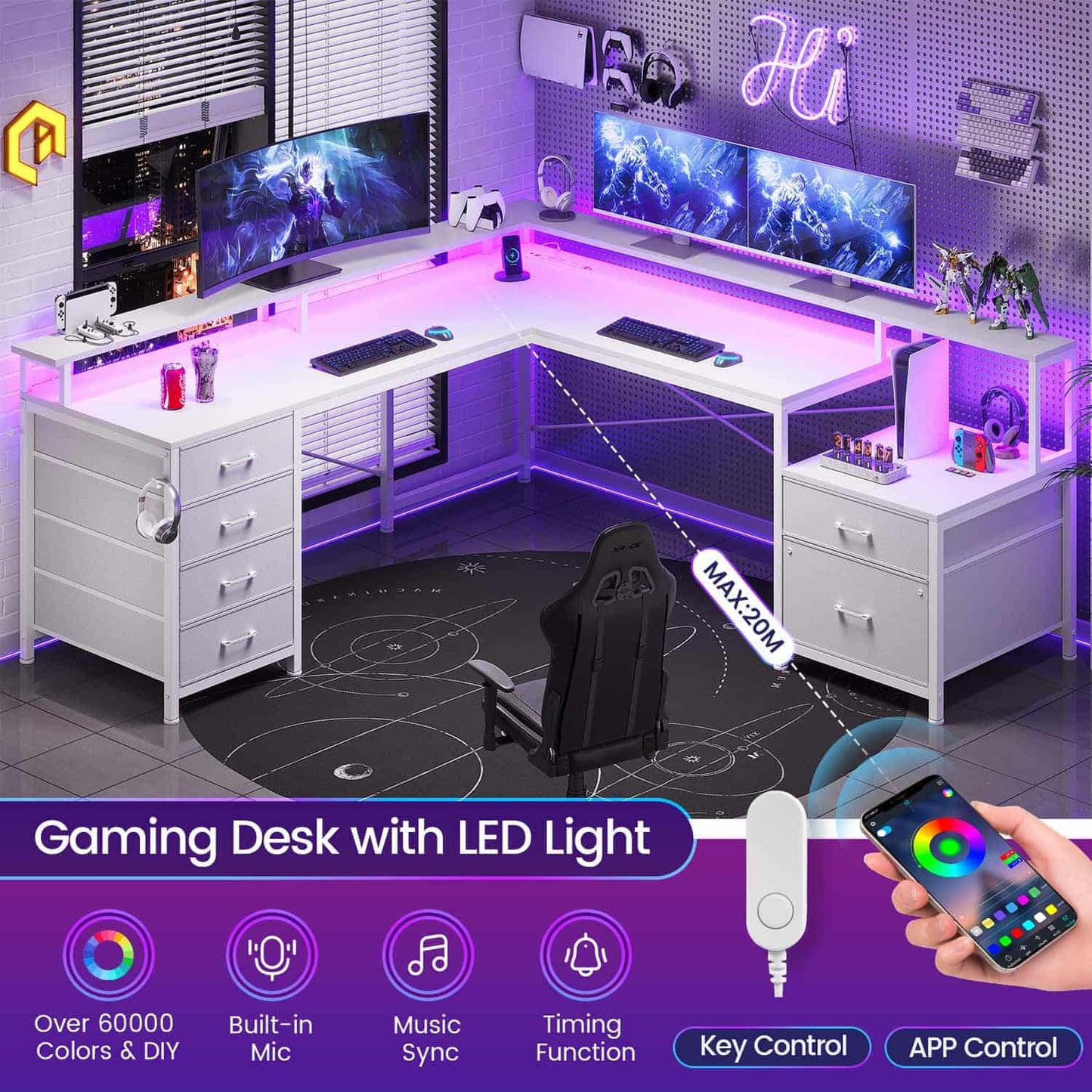 108 Inches LED 2 Person Gaming Desk White